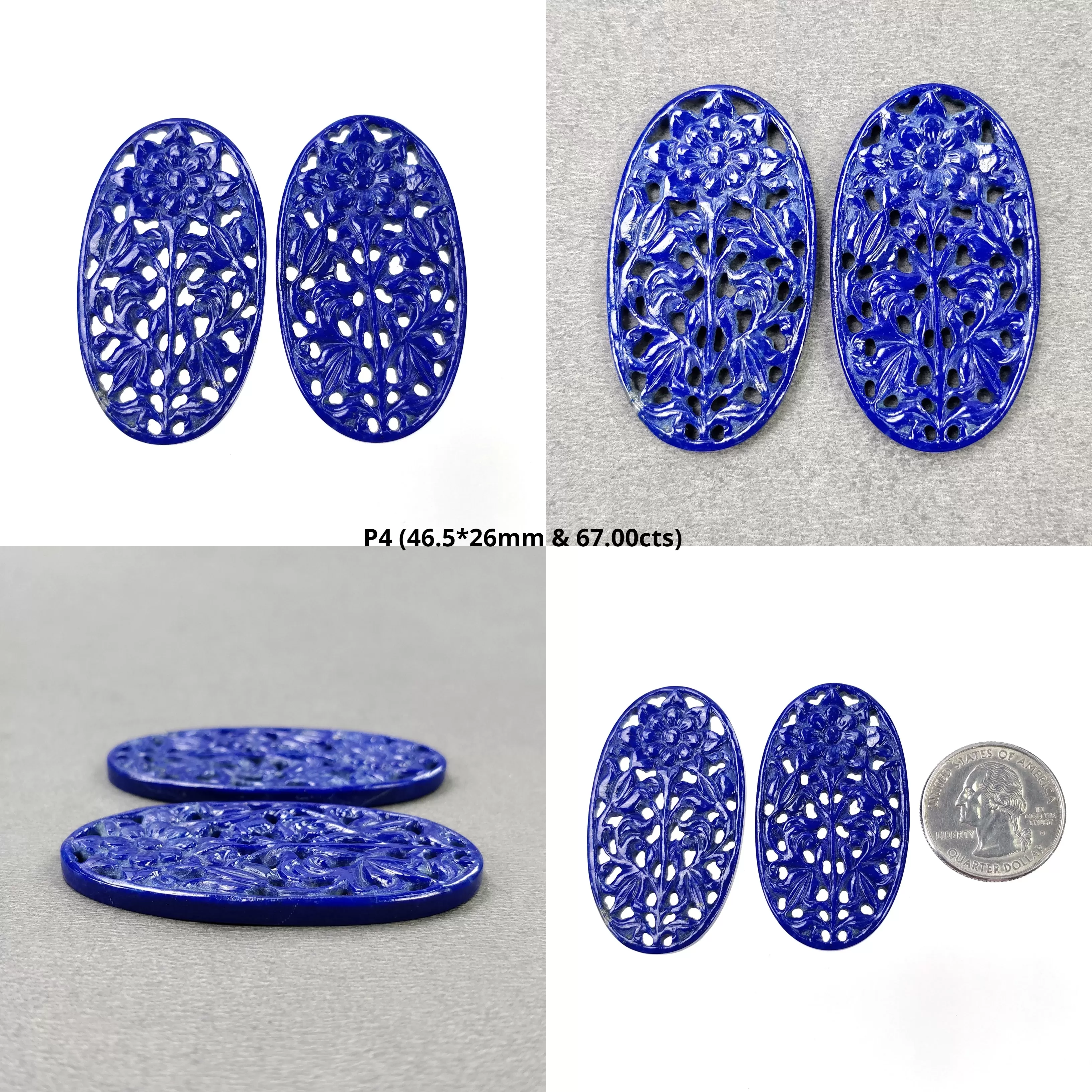 LAPIS LAZULI Gemstone Carving : Natural Untreated Blue Lapis Hand Carved Oval Shape 37*23mm - 46.5*26mm Pair