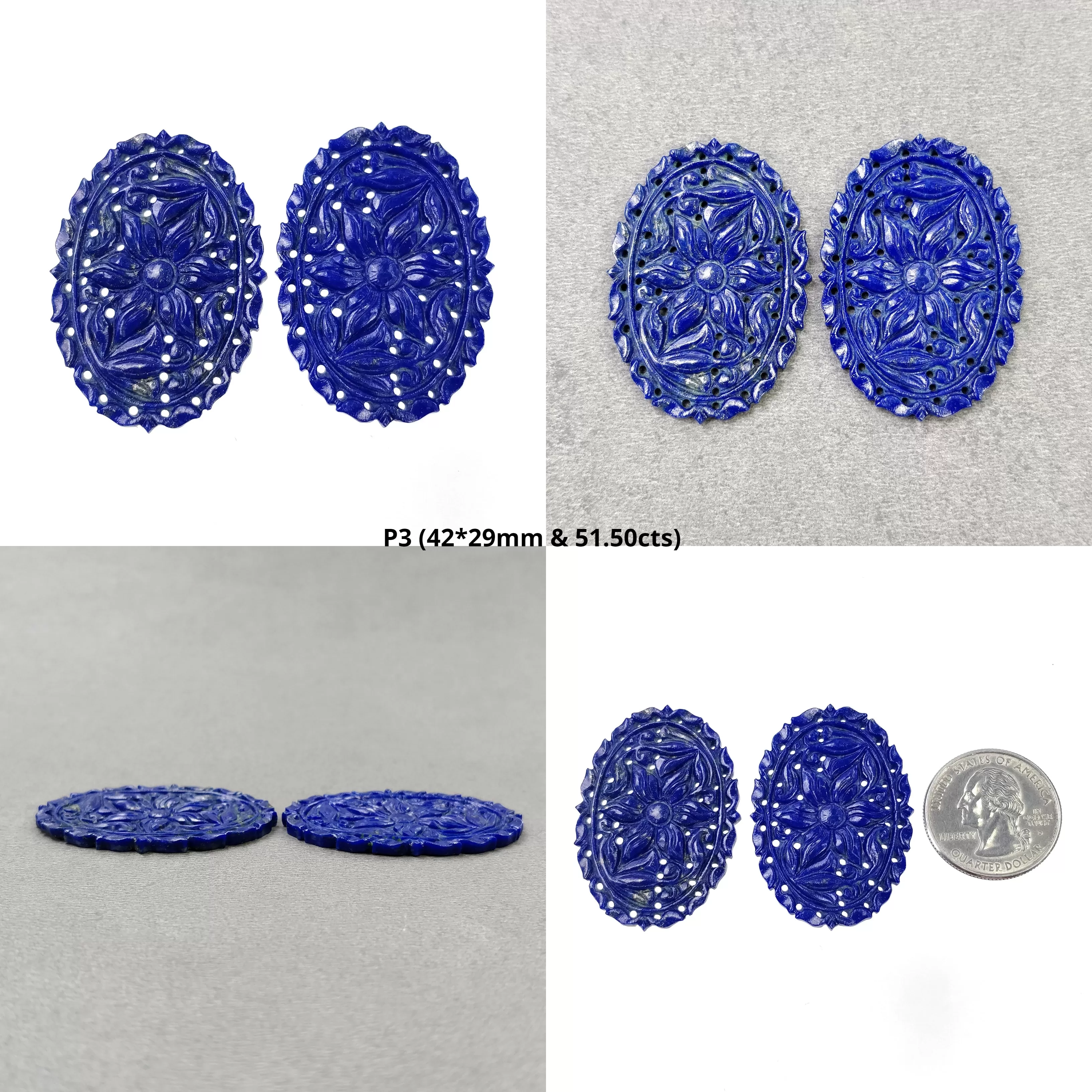 LAPIS LAZULI Gemstone Carving : Natural Untreated Blue Lapis Hand Carved Oval Shape 37*23mm - 46.5*26mm Pair