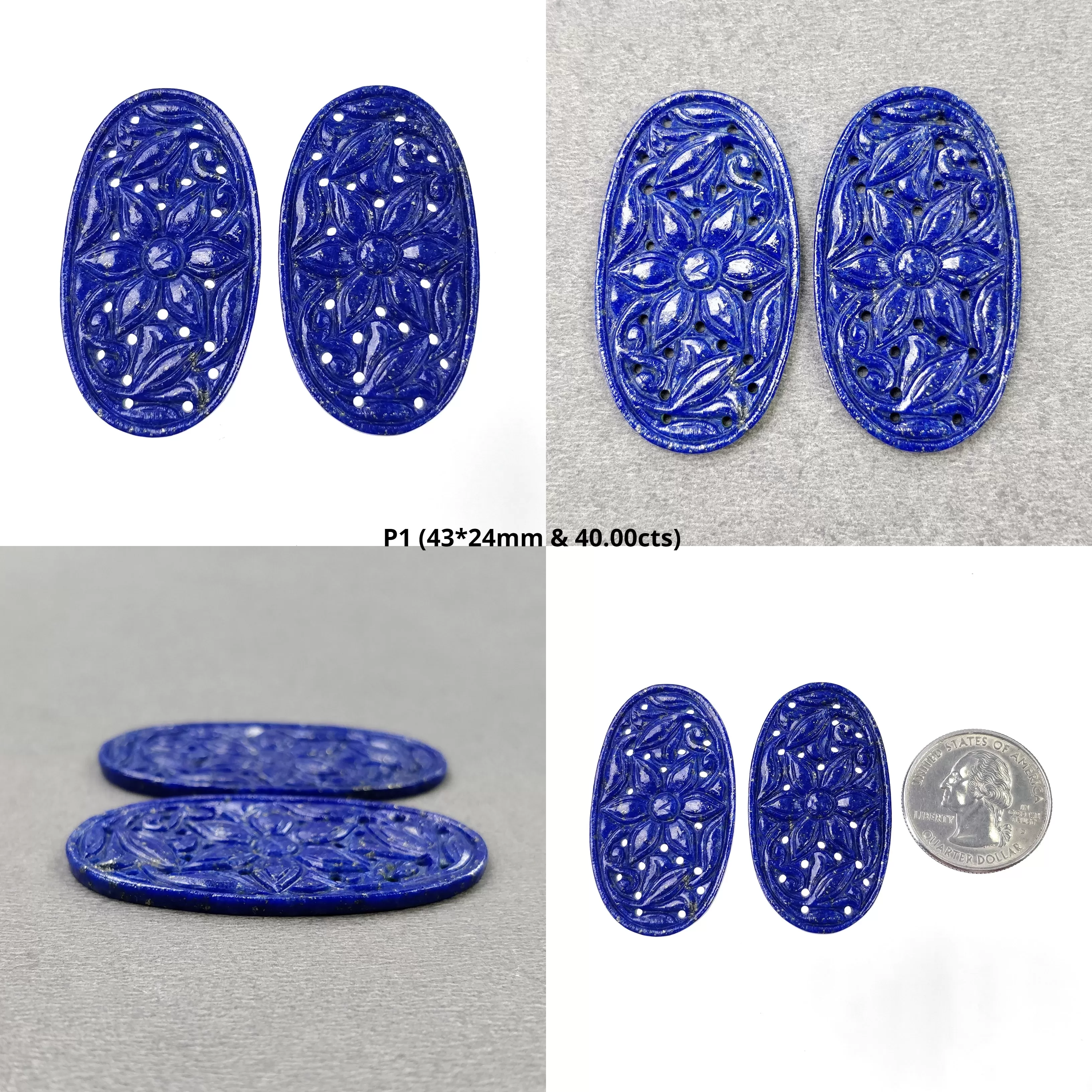 LAPIS LAZULI Gemstone Carving : Natural Untreated Blue Lapis Hand Carved Oval Shape 37*23mm - 46.5*26mm Pair