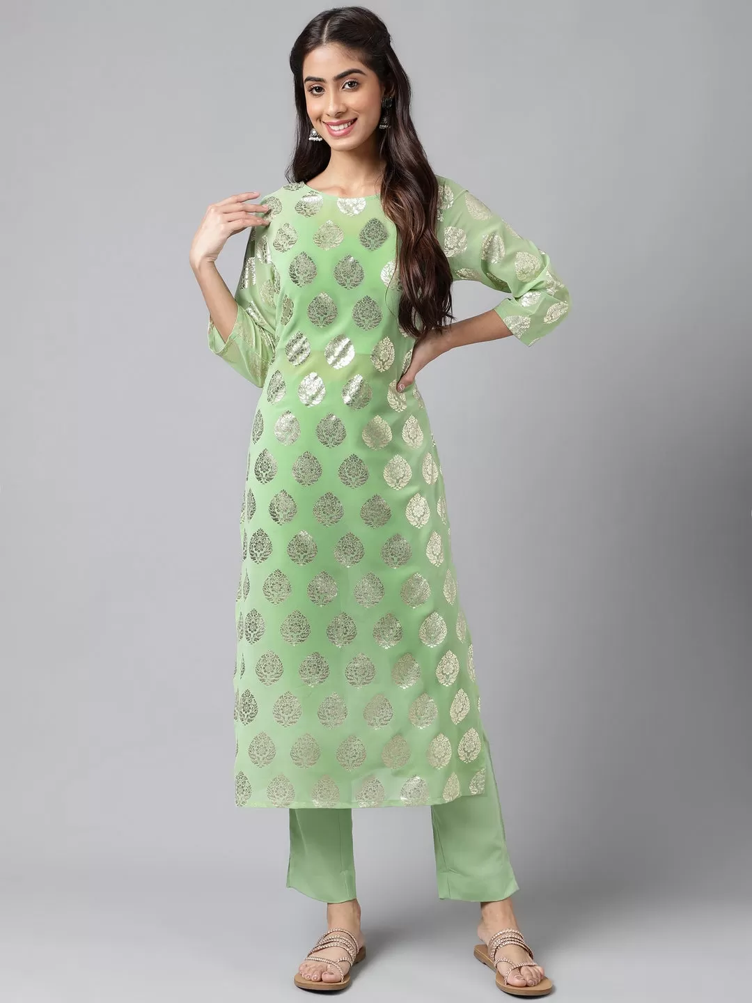 Light Green Georgette Foil Printed Kurta with Pants and crop top