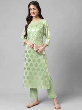 Light Green Georgette Foil Printed Kurta with Pants and crop top