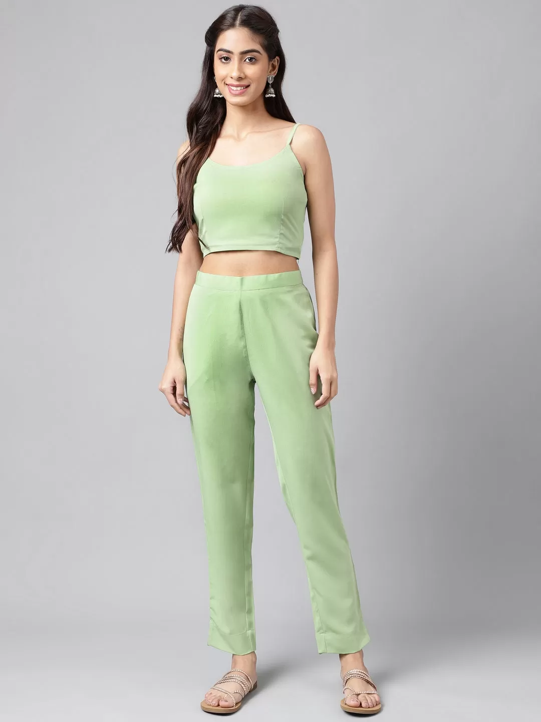 Light Green Georgette Foil Printed Kurta with Pants and crop top