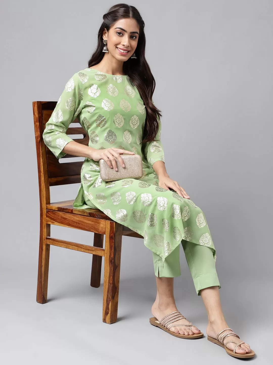 Light Green Georgette Foil Printed Kurta with Pants and crop top