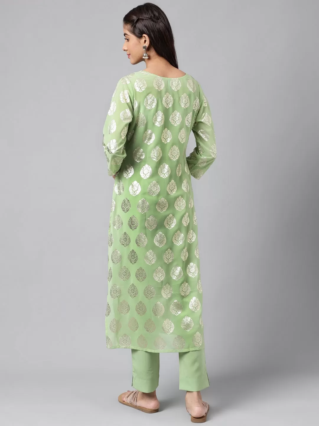 Light Green Georgette Foil Printed Kurta with Pants and crop top