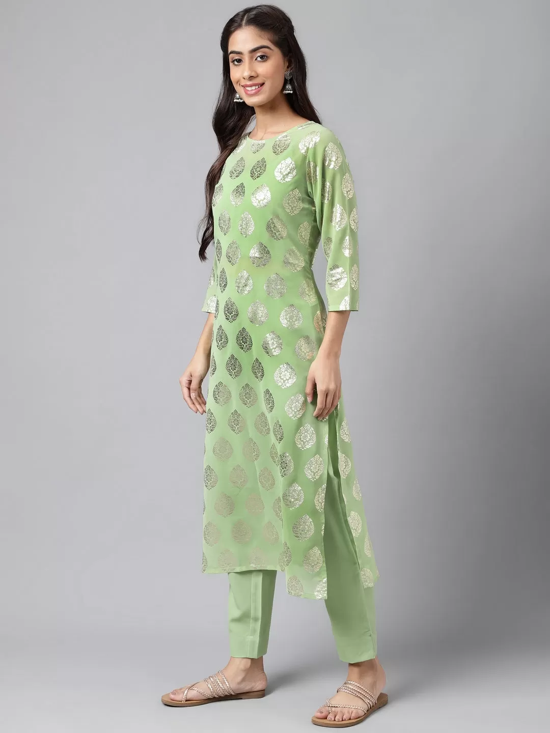 Light Green Georgette Foil Printed Kurta with Pants and crop top