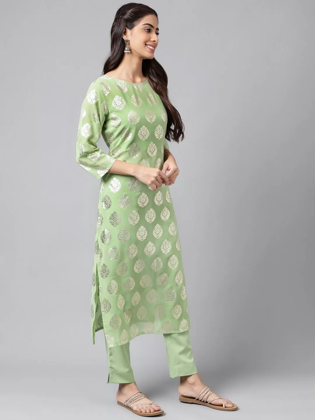 Light Green Georgette Foil Printed Kurta with Pants and crop top