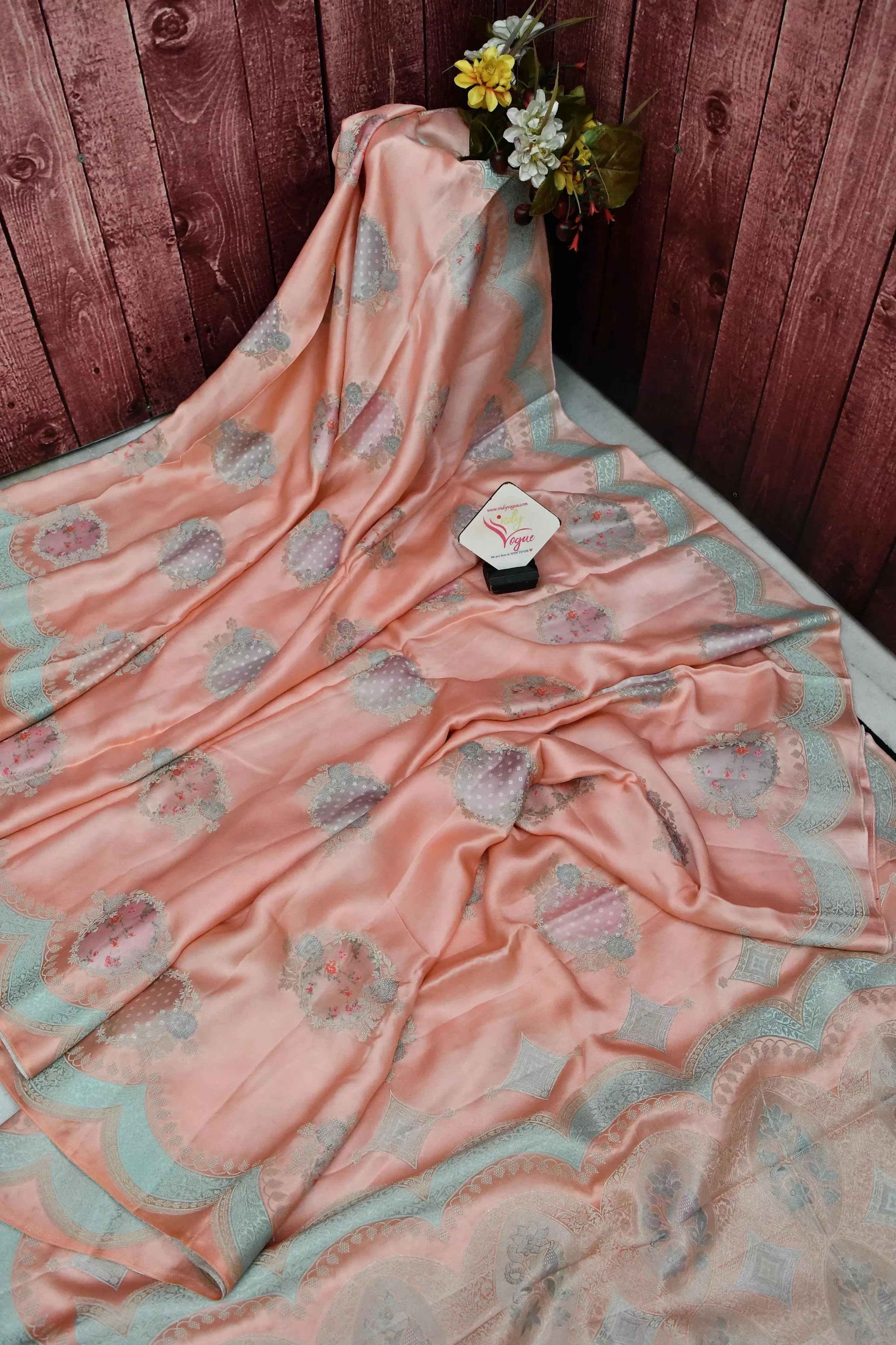 Light Peach Color Satin Silk Saree with Scallop Border with Digital Print