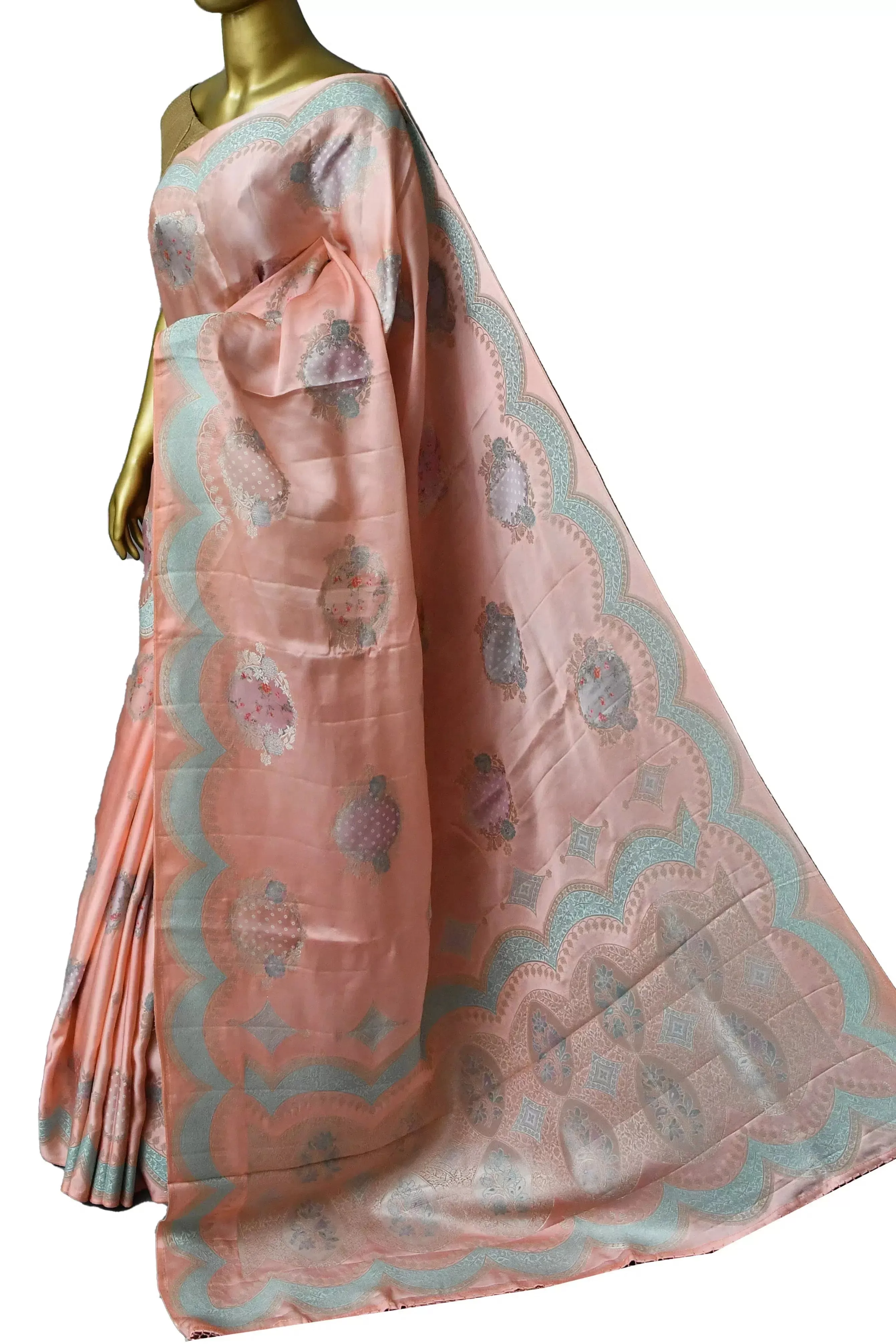 Light Peach Color Satin Silk Saree with Scallop Border with Digital Print