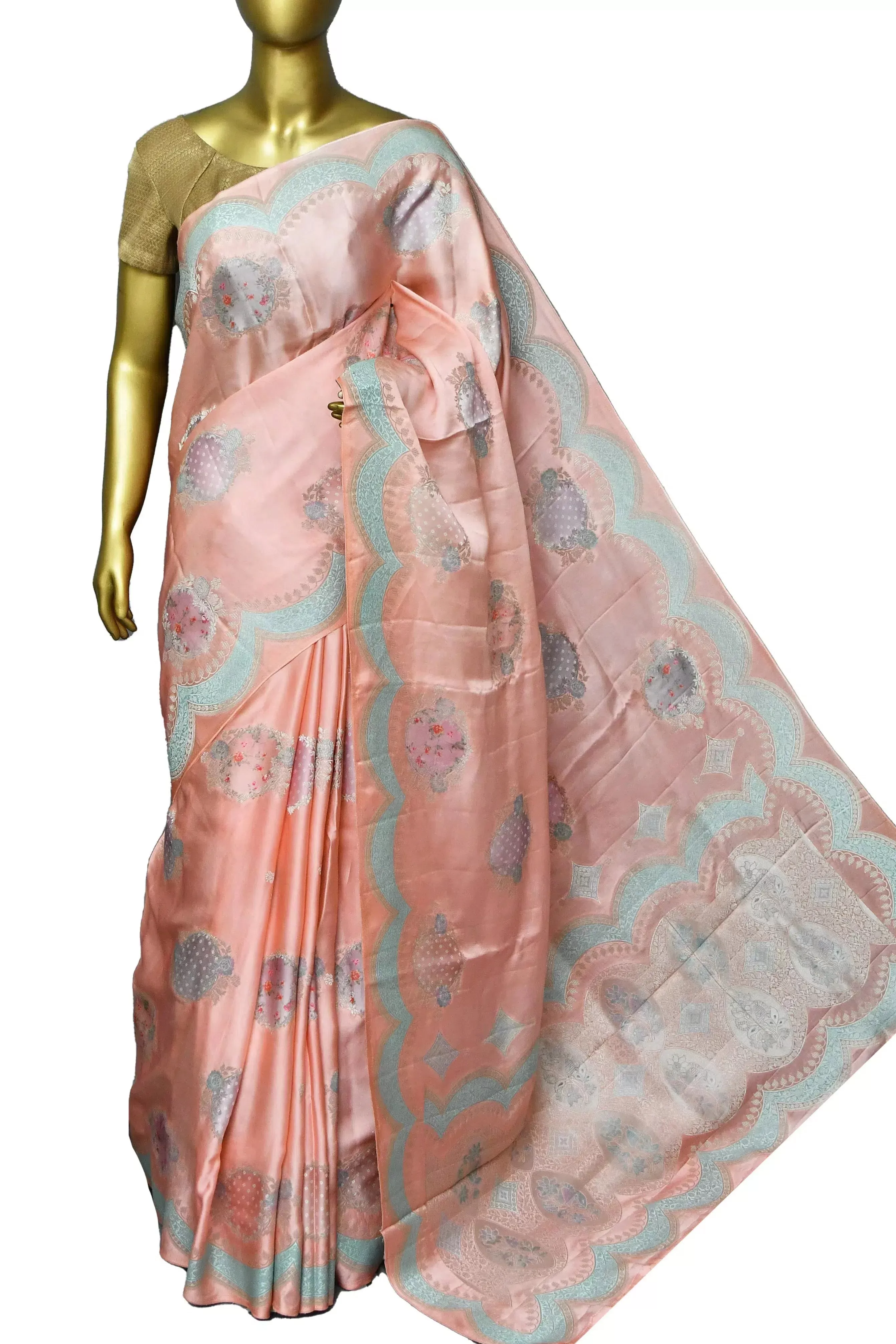 Light Peach Color Satin Silk Saree with Scallop Border with Digital Print