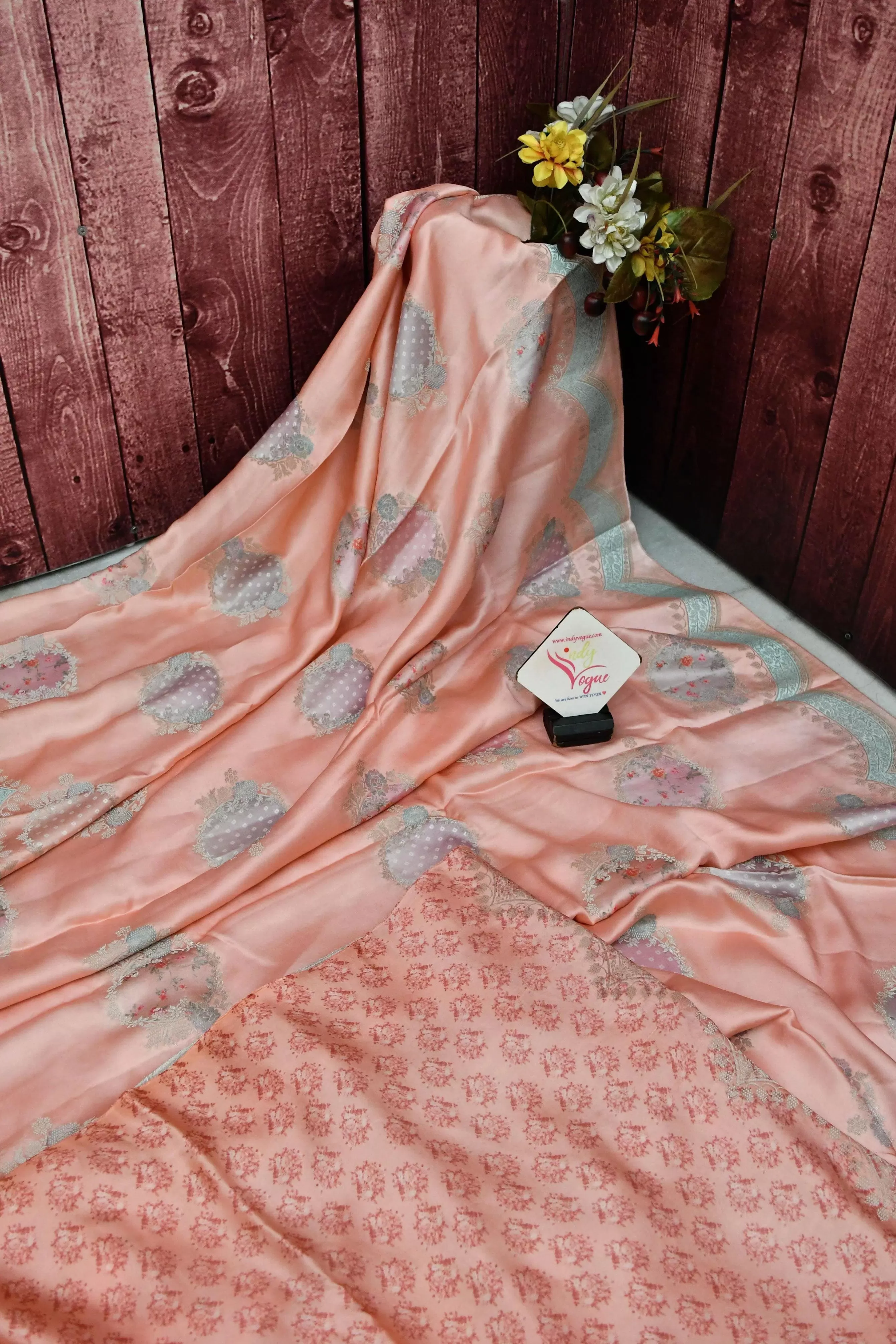 Light Peach Color Satin Silk Saree with Scallop Border with Digital Print