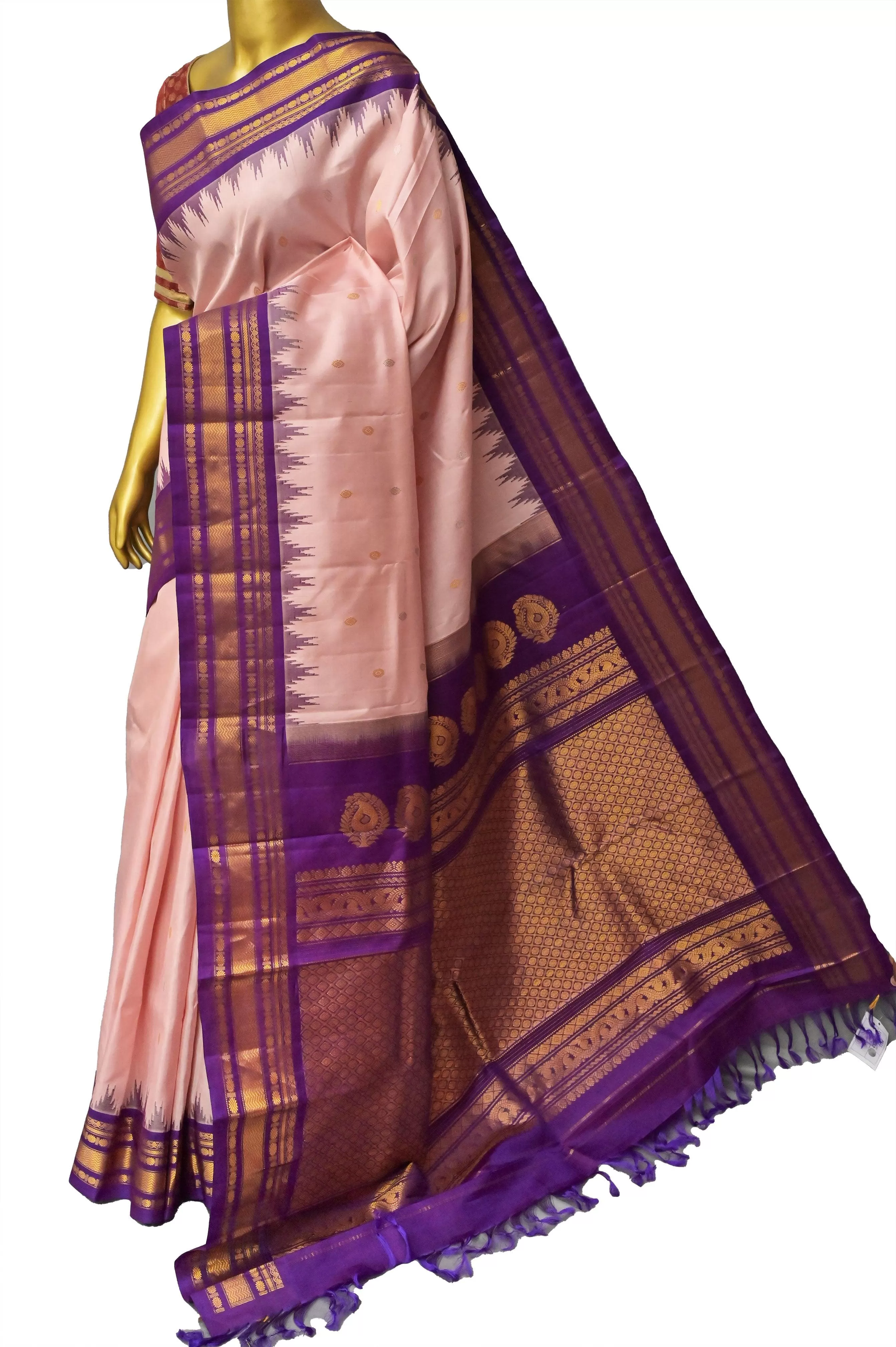 Light Salmon Pink Color Pure Gadwal Silk Saree with Temple Border