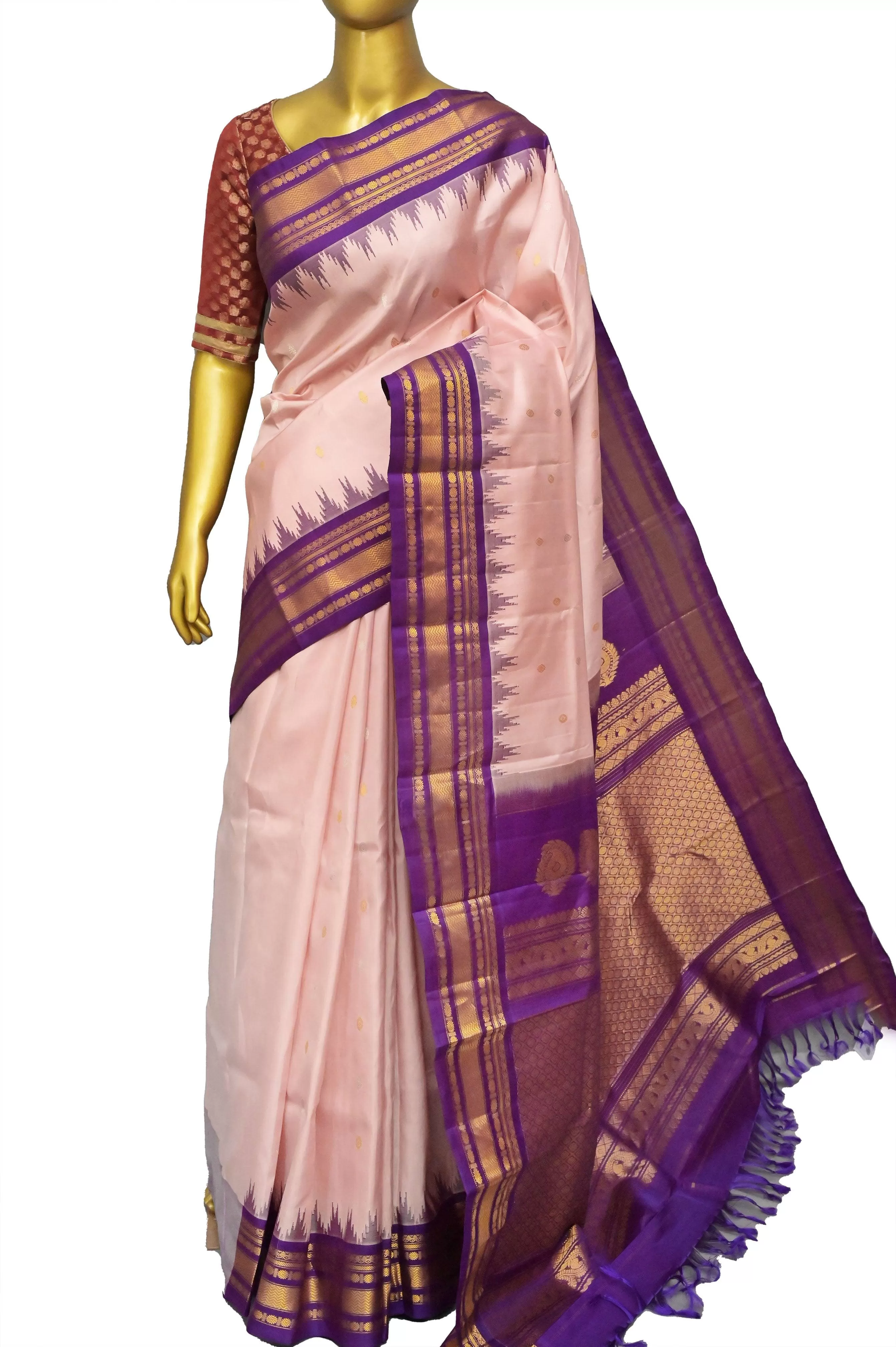 Light Salmon Pink Color Pure Gadwal Silk Saree with Temple Border