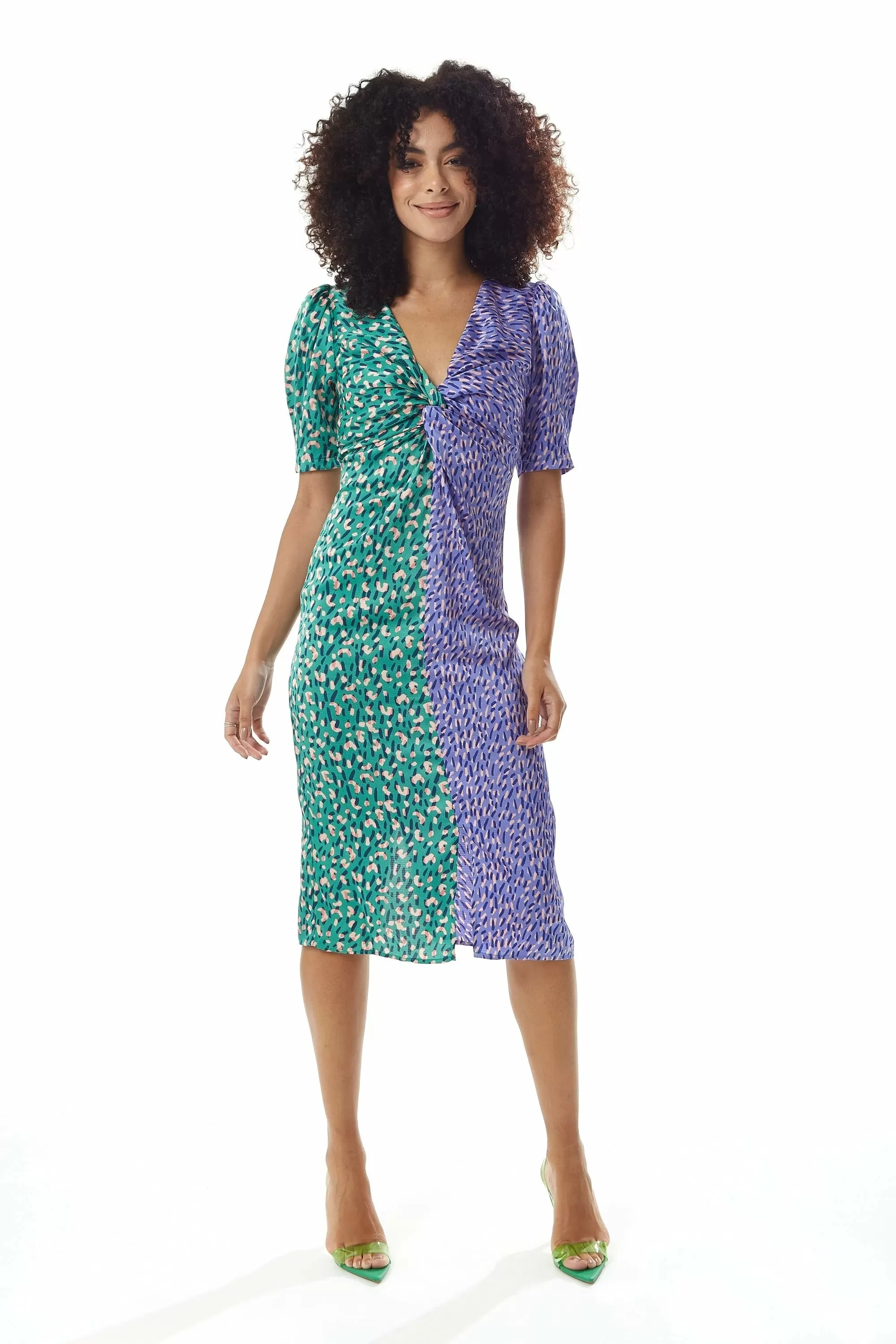 Liquorish Green Purple Abstract Print Knot Front Midi Dress