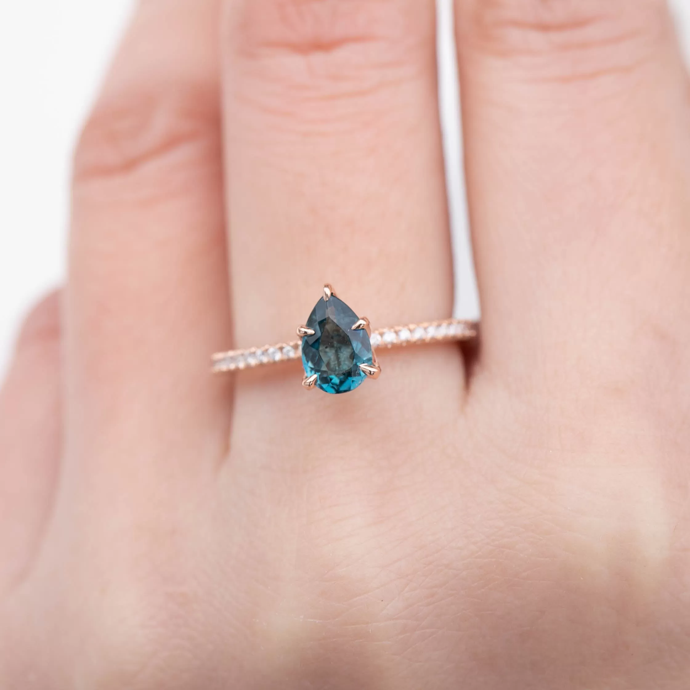 Maria Ring 0.94ct Pear Cut Teal Tourmaline Sapphire, 14K Rose Gold (One of a kind)