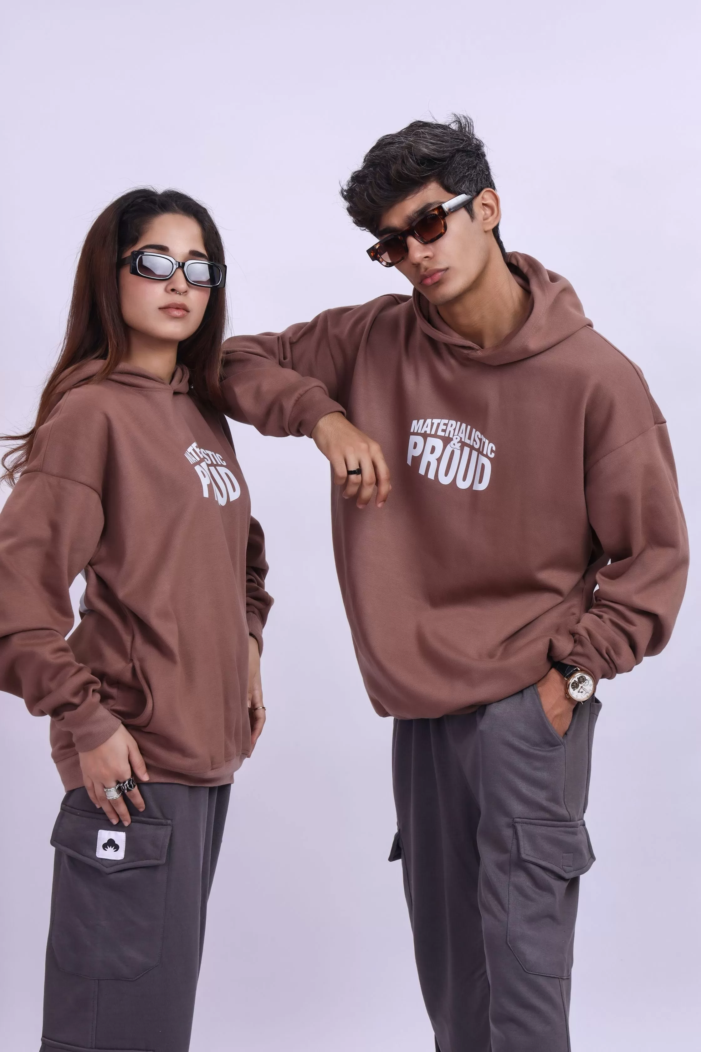 Materialistic & Proud Brown Oversized Hoodie