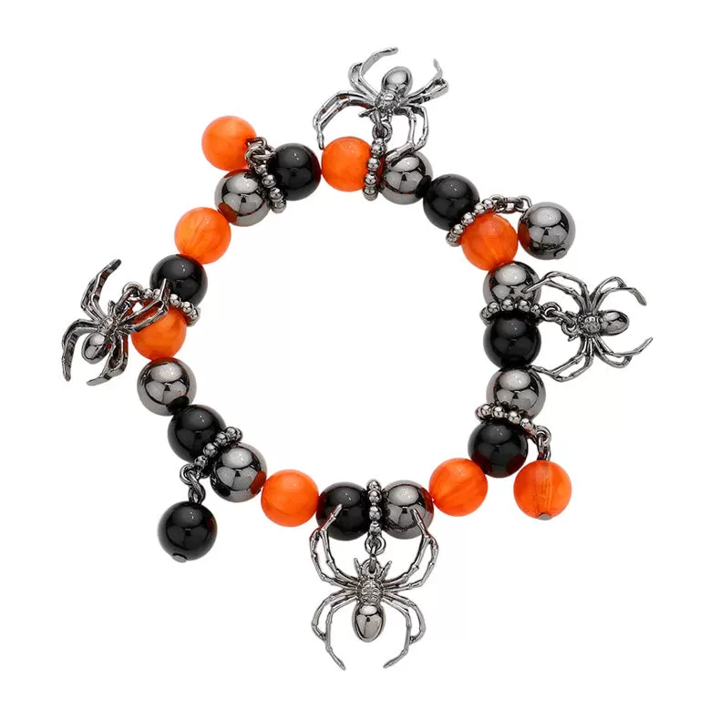 Metal Spider Charm Beaded Stretch Bracelet