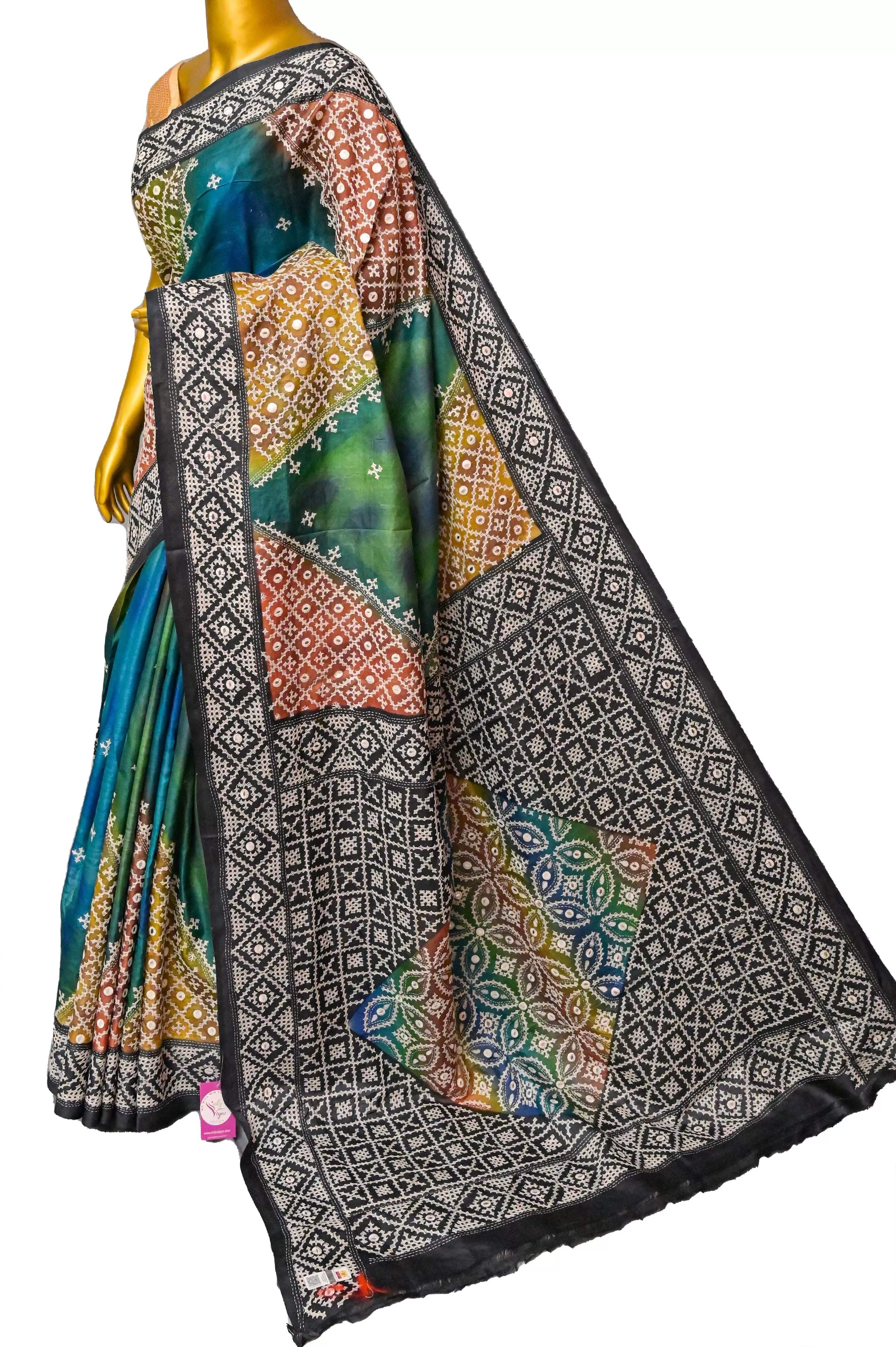 Multicolor Pure Tussar Silk Saree with Dye and Gujarati Mirror Work