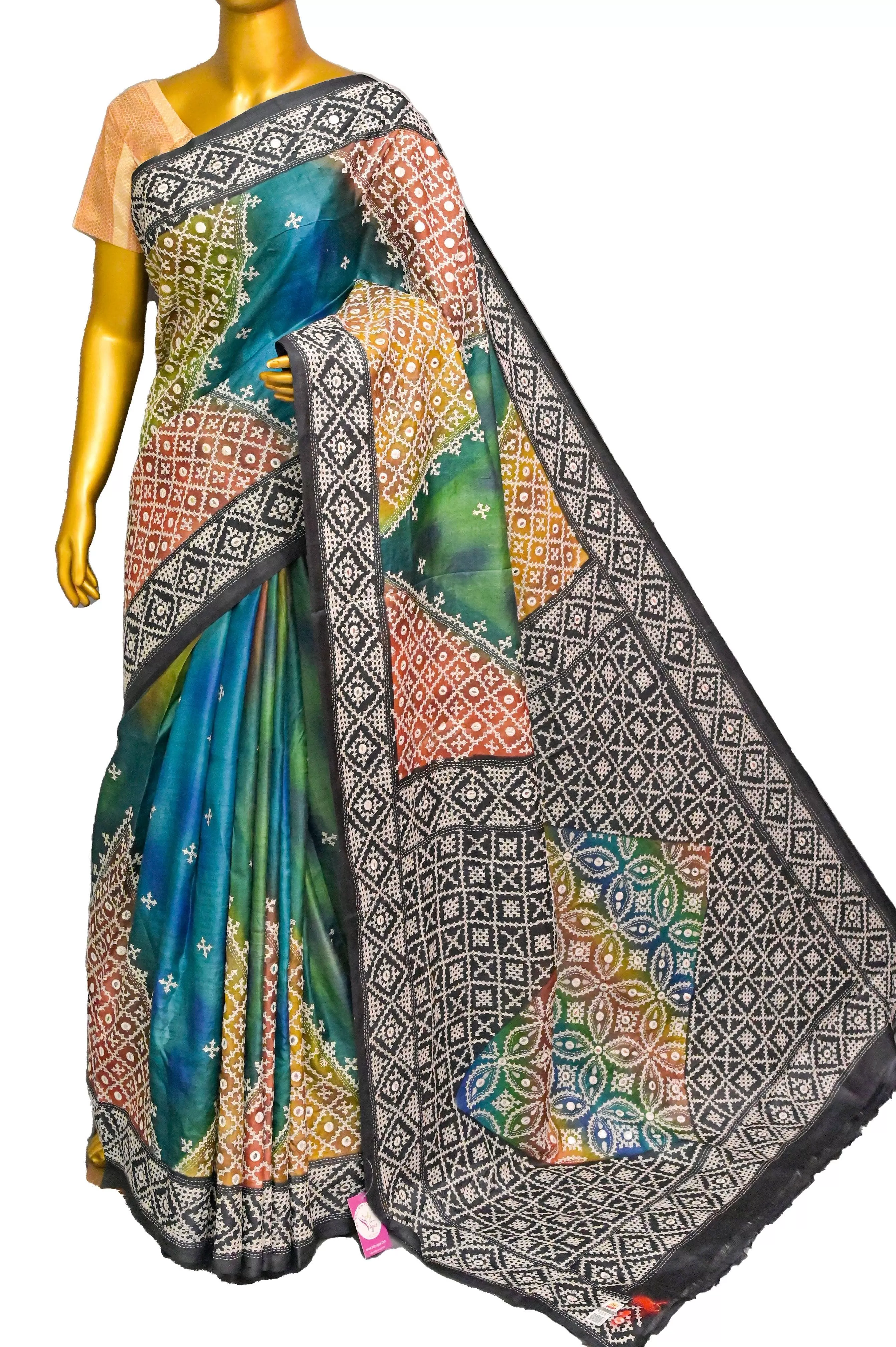 Multicolor Pure Tussar Silk Saree with Dye and Gujarati Mirror Work