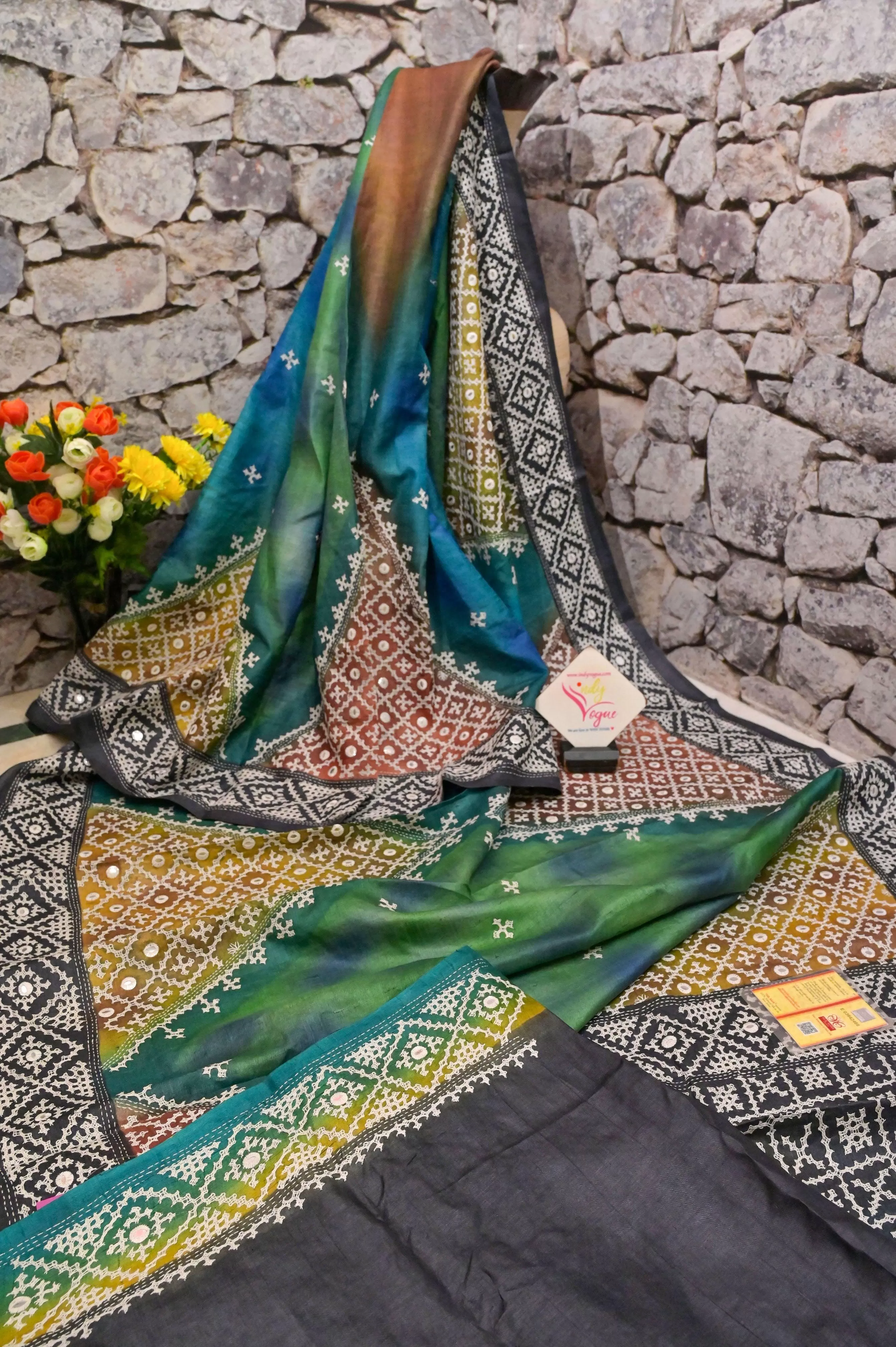 Multicolor Pure Tussar Silk Saree with Dye and Gujarati Mirror Work