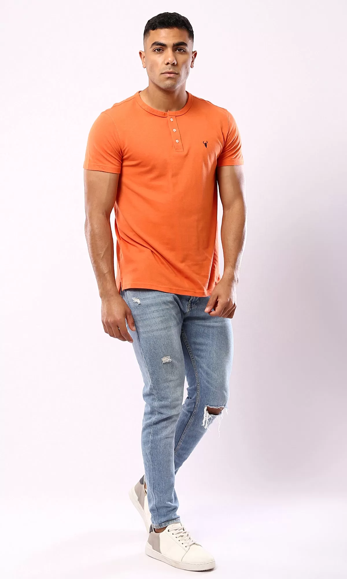 O180633 Short Sleeves Buttoned Orange Henley Shirt