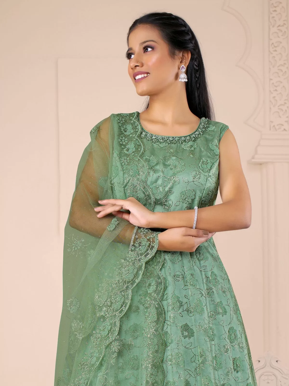 Odette Green  Net  Embroidered Stitched Gown  for Women