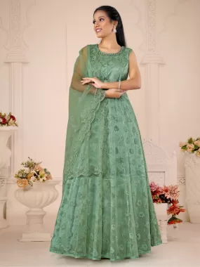 Odette Green  Net  Embroidered Stitched Gown  for Women