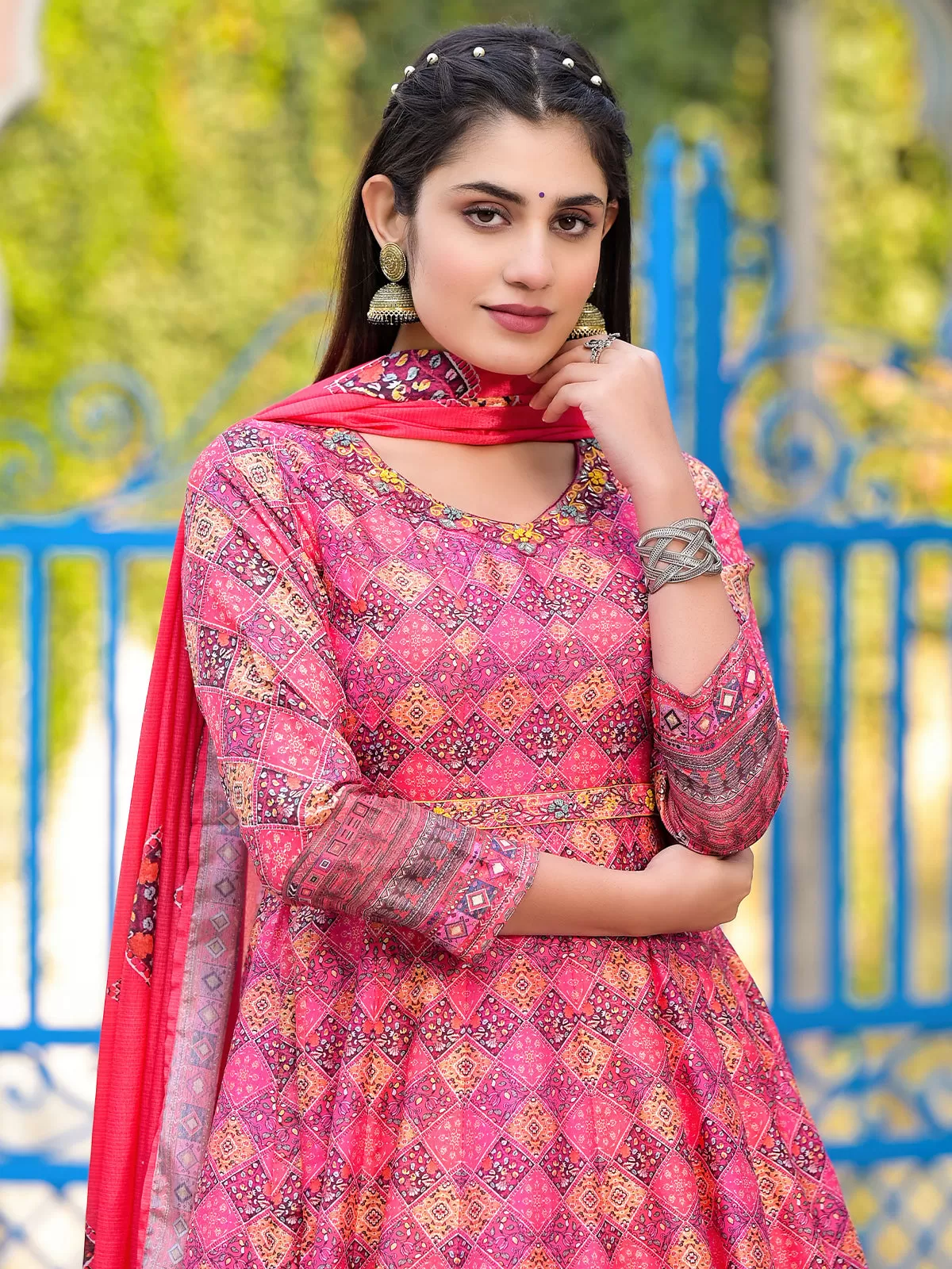 Odette Pink Silk Stitched Gown with Dupatta For Women