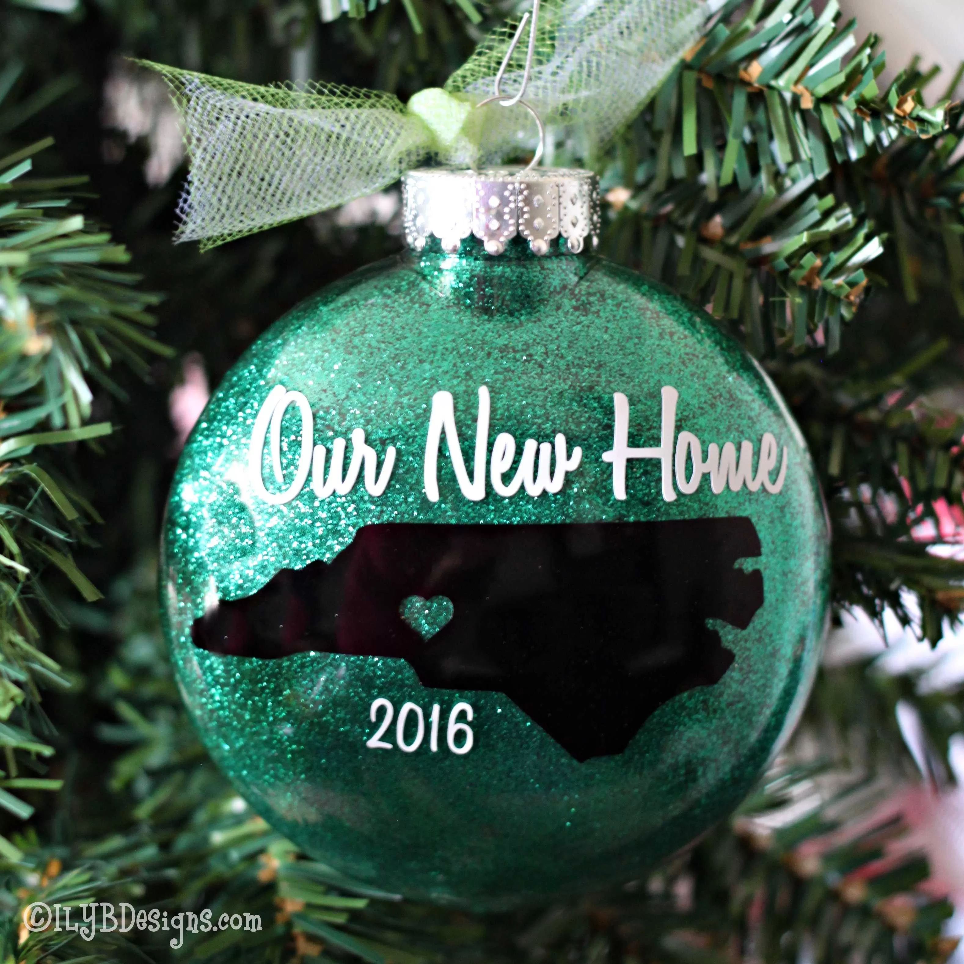 Our New Home Christmas Ornament with State Silhouette and Heart | Personalized Glitter