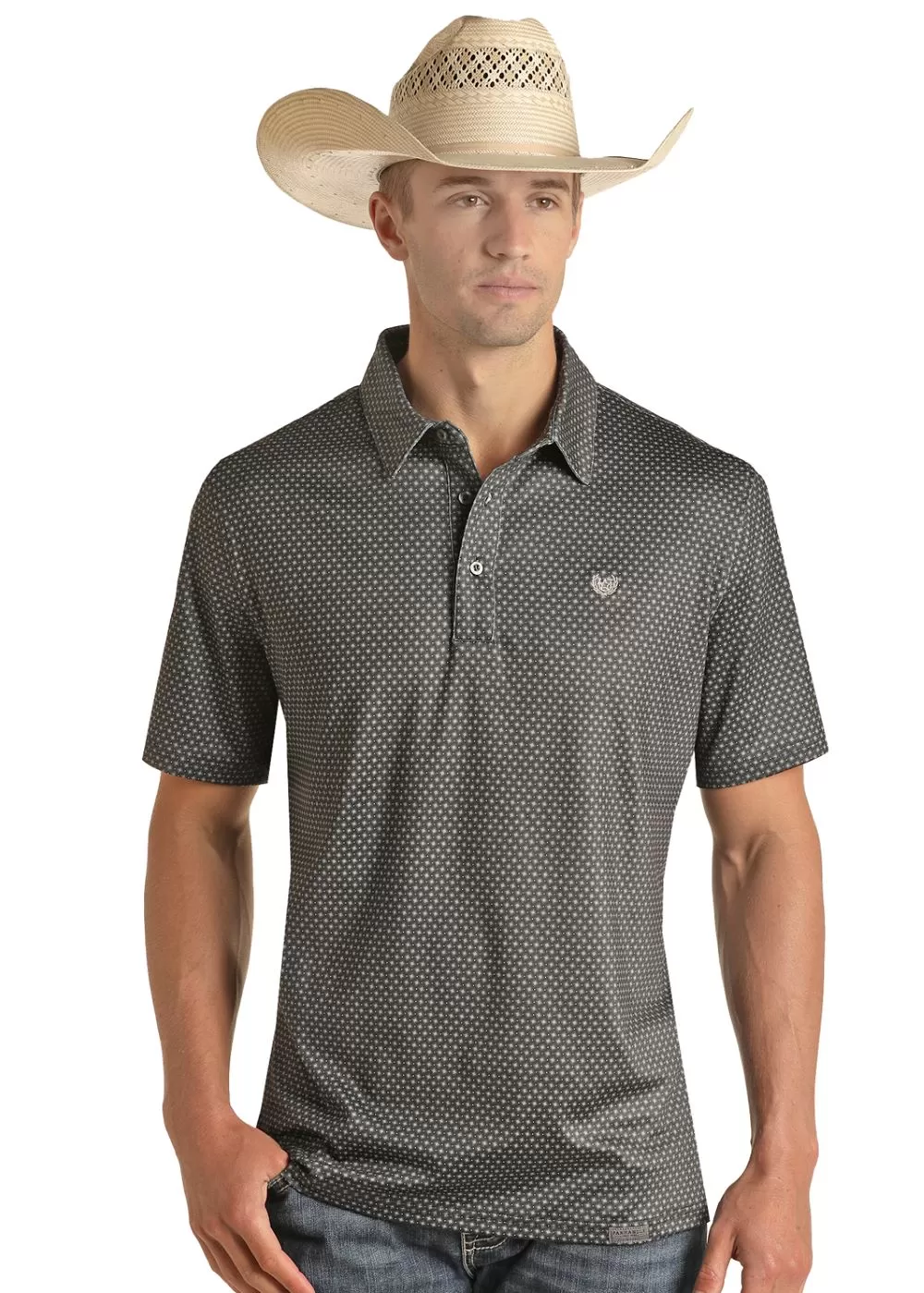 'Panhandle' Men's Geo Print Performance Knit Polo - Black