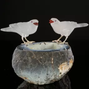 Peter Muller Quartz Sparrow Couple Love Birds Carving on Agate Base