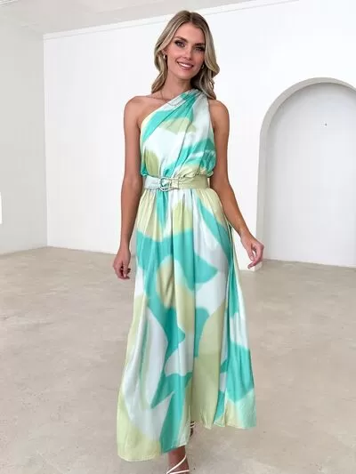 Printed Ruched One Shoulder Dress