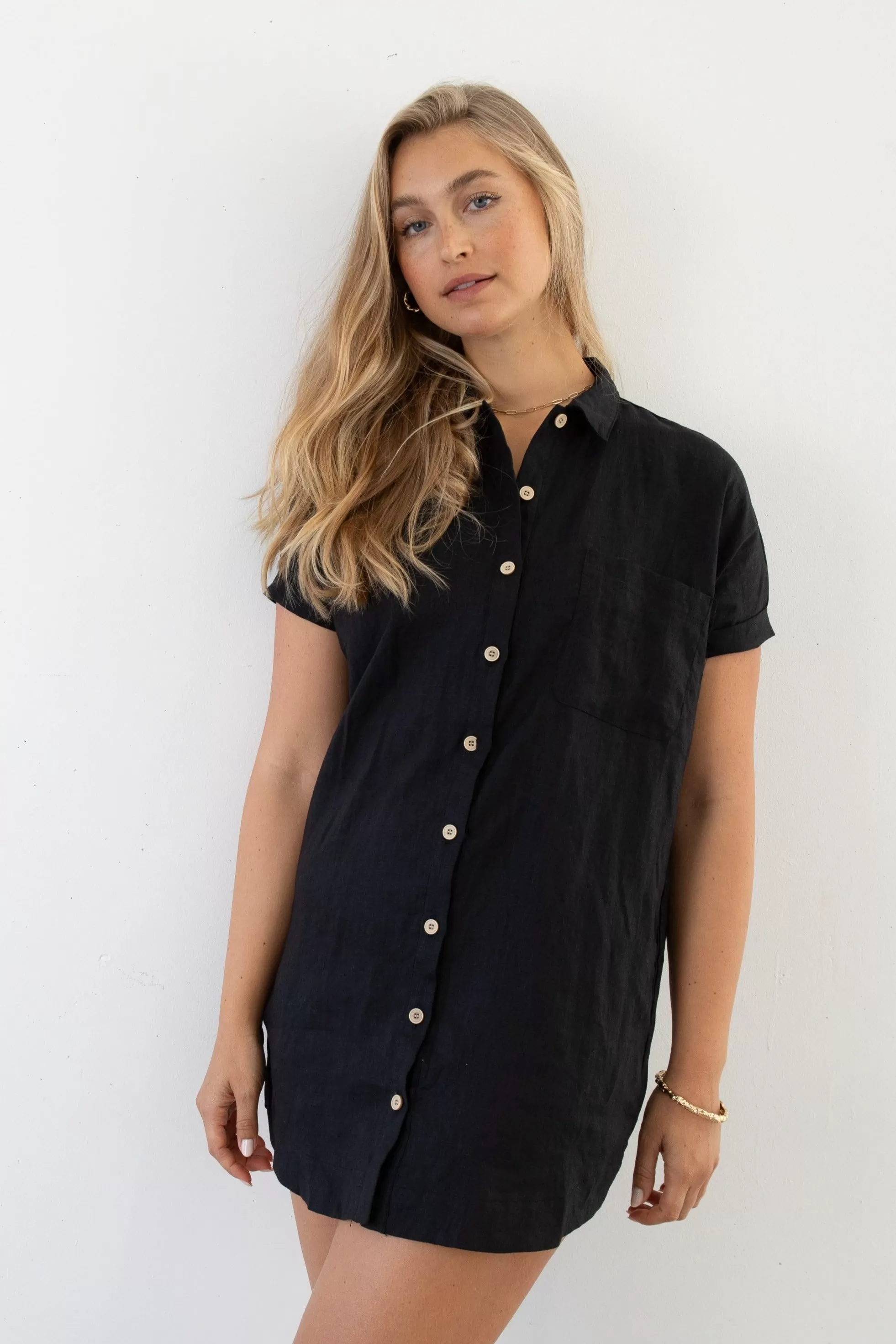 RAYLEIGH LINEN SHIRT DRESS - BLACK