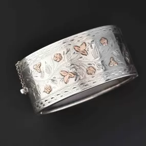 Rose Gold Flower Wide Aesthetic Silver Cuff Bracelet