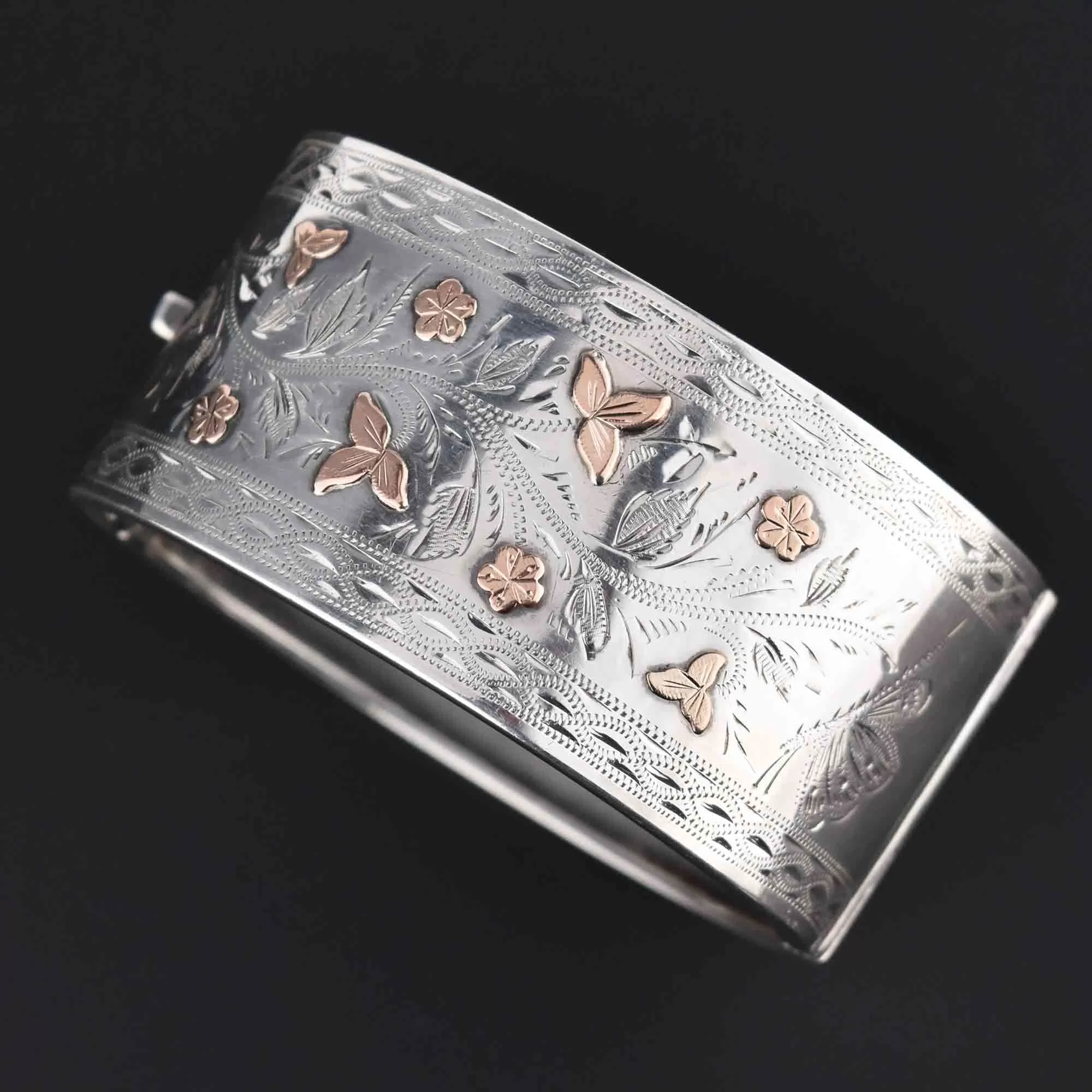 Rose Gold Flower Wide Aesthetic Silver Cuff Bracelet