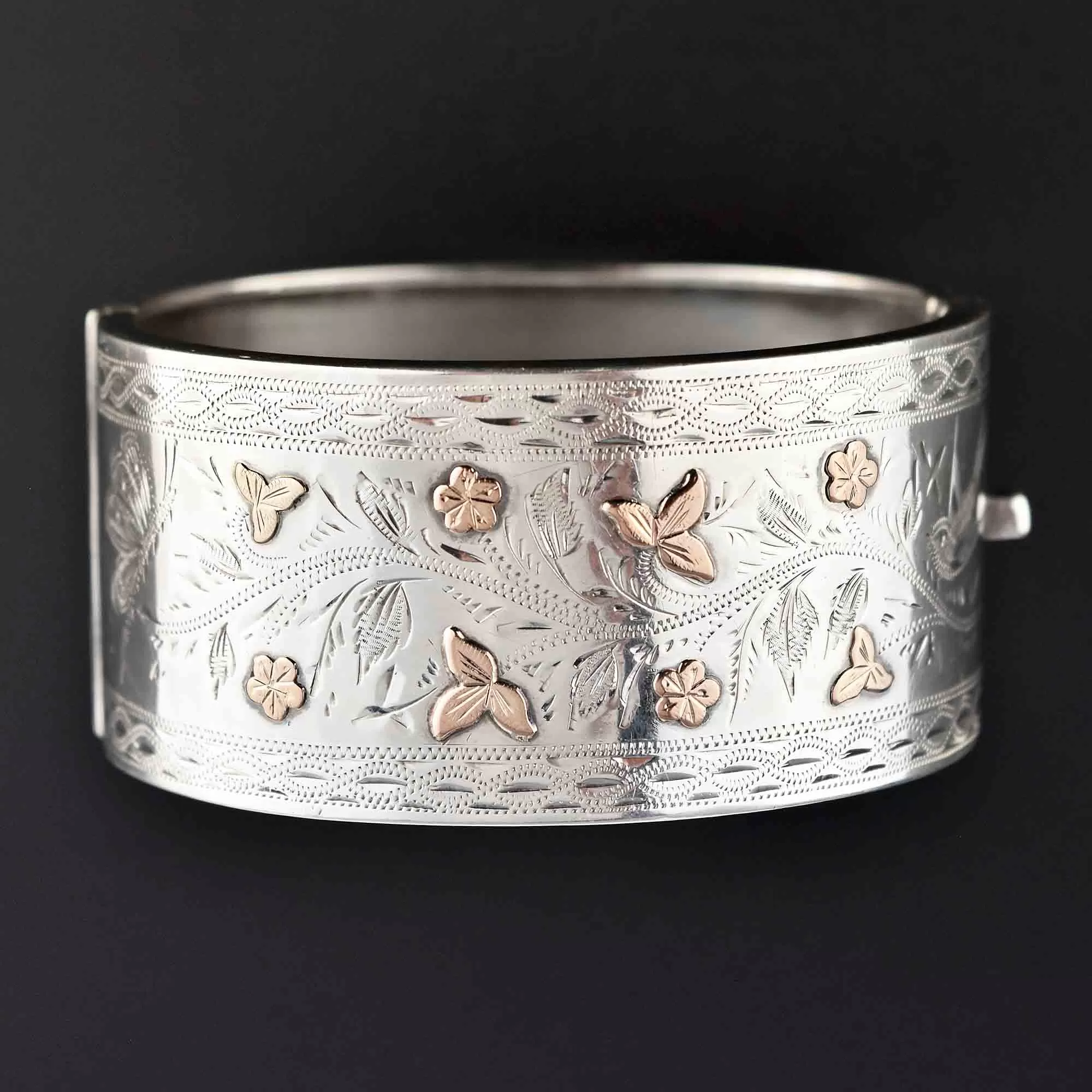 Rose Gold Flower Wide Aesthetic Silver Cuff Bracelet