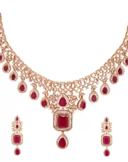 Rubans Rose Gold Plated CZ Studded Emerald Statement Necklace Set