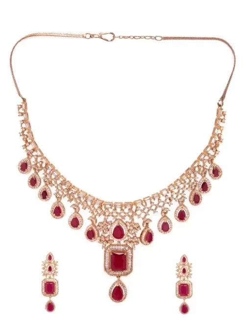 Rubans Rose Gold Plated CZ Studded Emerald Statement Necklace Set