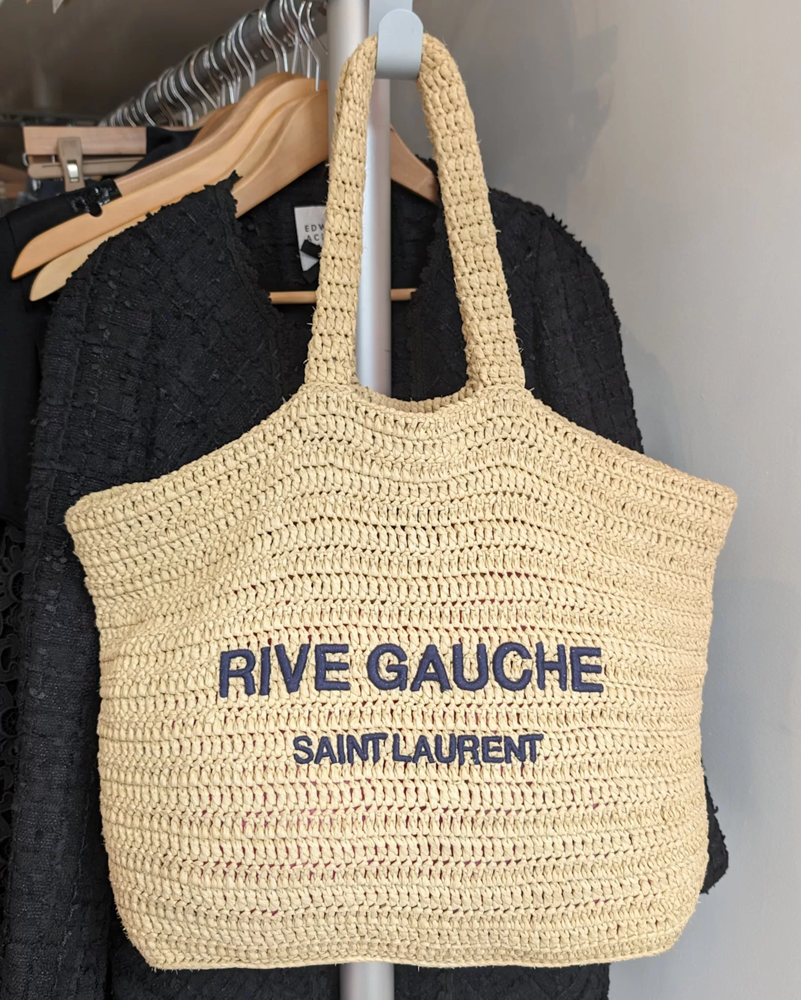 Saint Laurent Rive Gauche Logo Embroidered Raffia Woven Tote