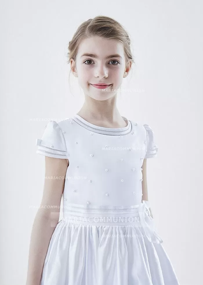 Short Sleeve Beaded Bodice Ball Gown Satin First Communion Dress with Flower