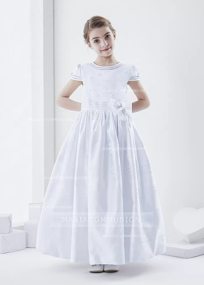 Short Sleeve Beaded Bodice Ball Gown Satin First Communion Dress with Flower