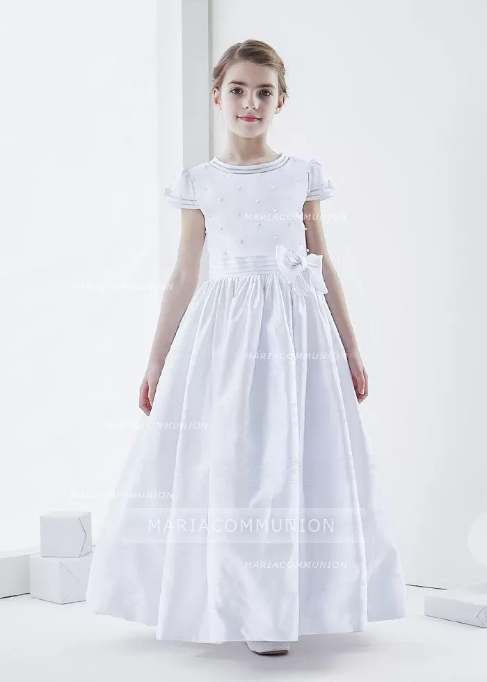 Short Sleeve Beaded Bodice Ball Gown Satin First Communion Dress with Flower