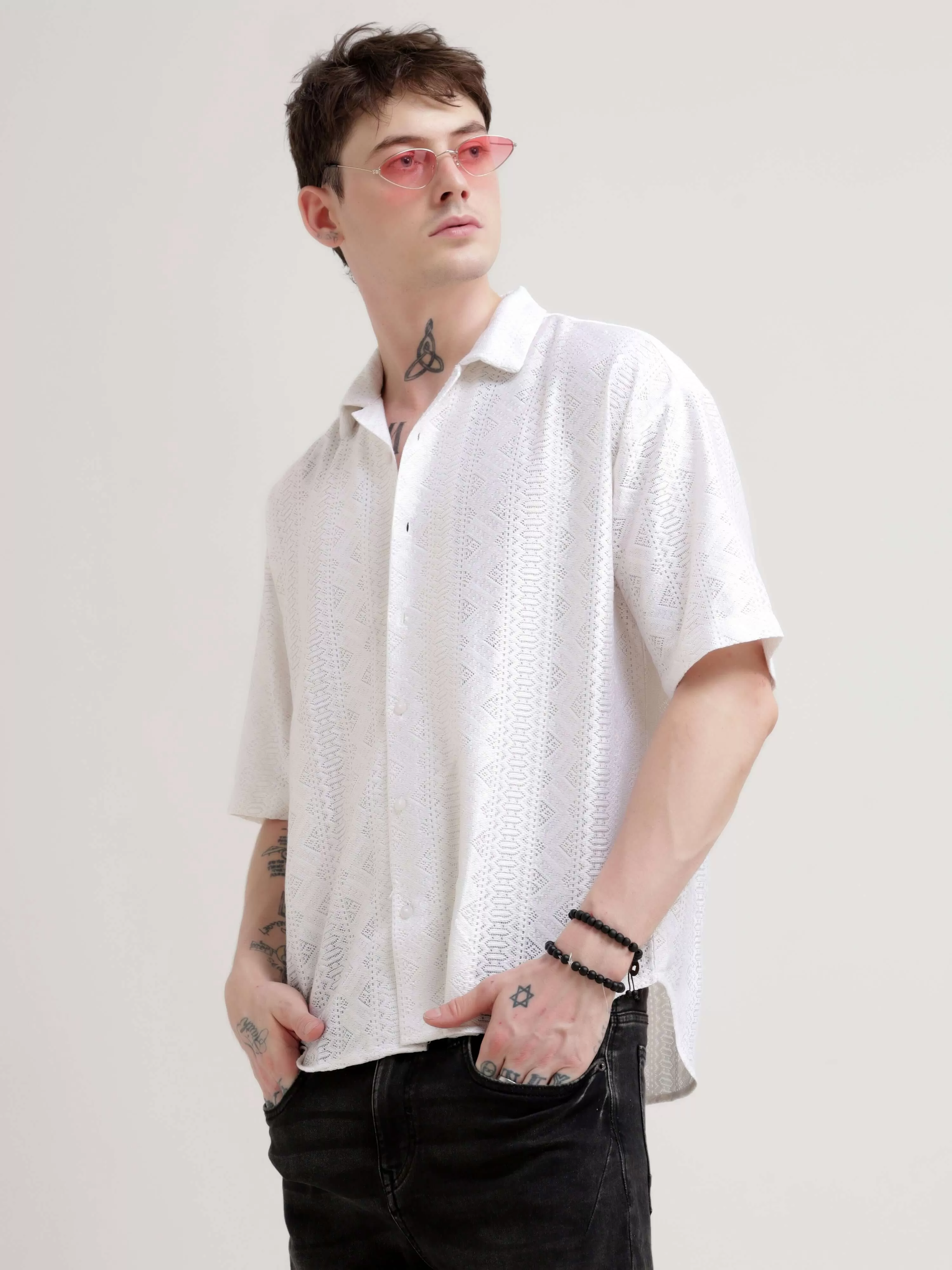 Texturiche quad white crochet oversized shirt