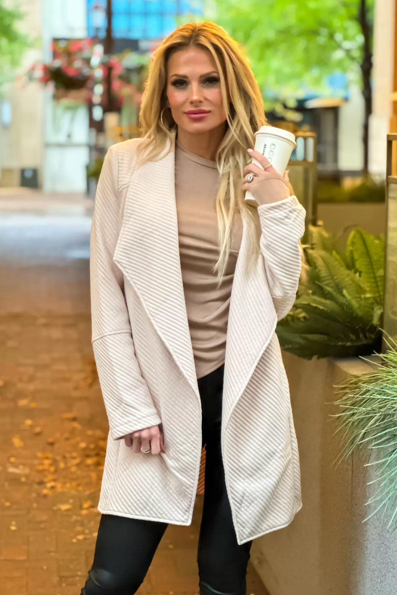 Top Notch Oversized Quilted Open Front Jacket : Beige