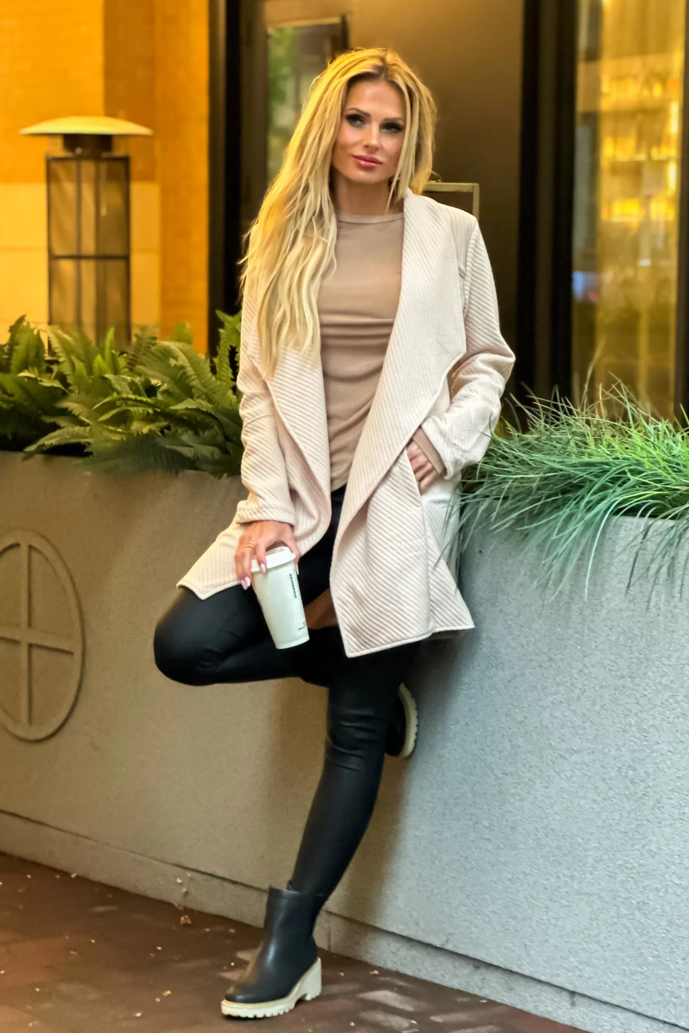 Top Notch Oversized Quilted Open Front Jacket : Beige