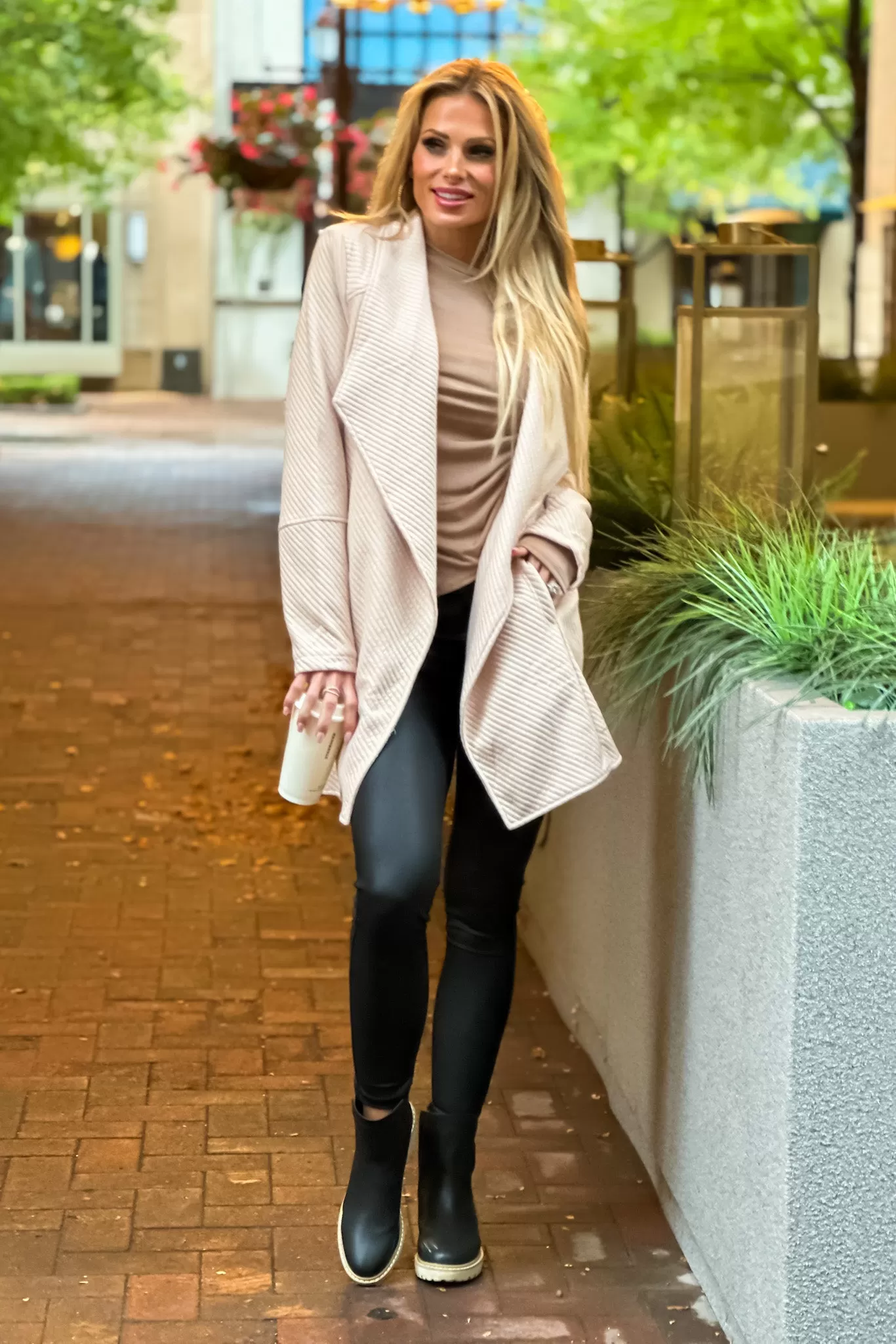 Top Notch Oversized Quilted Open Front Jacket : Beige