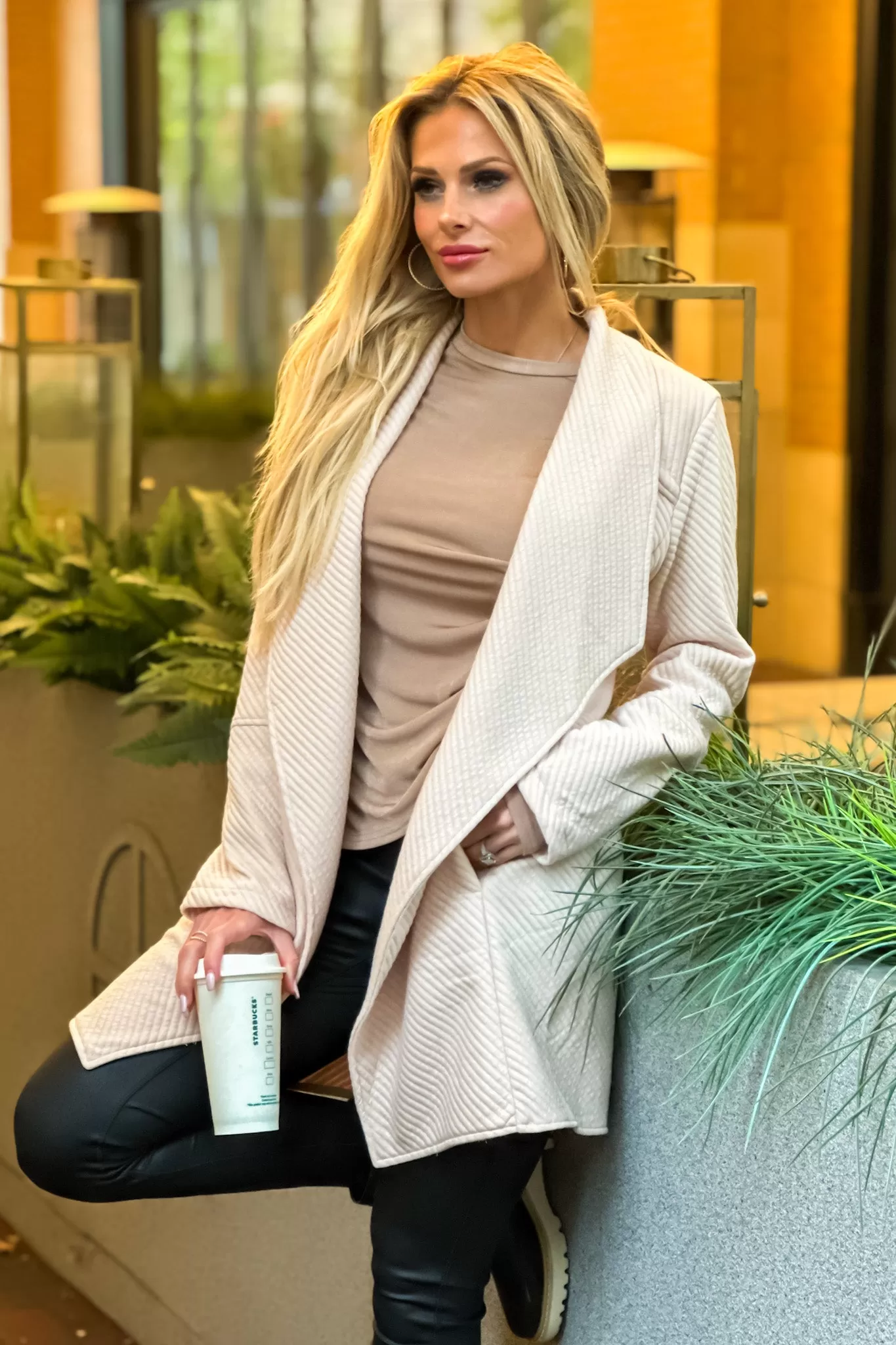 Top Notch Oversized Quilted Open Front Jacket : Beige