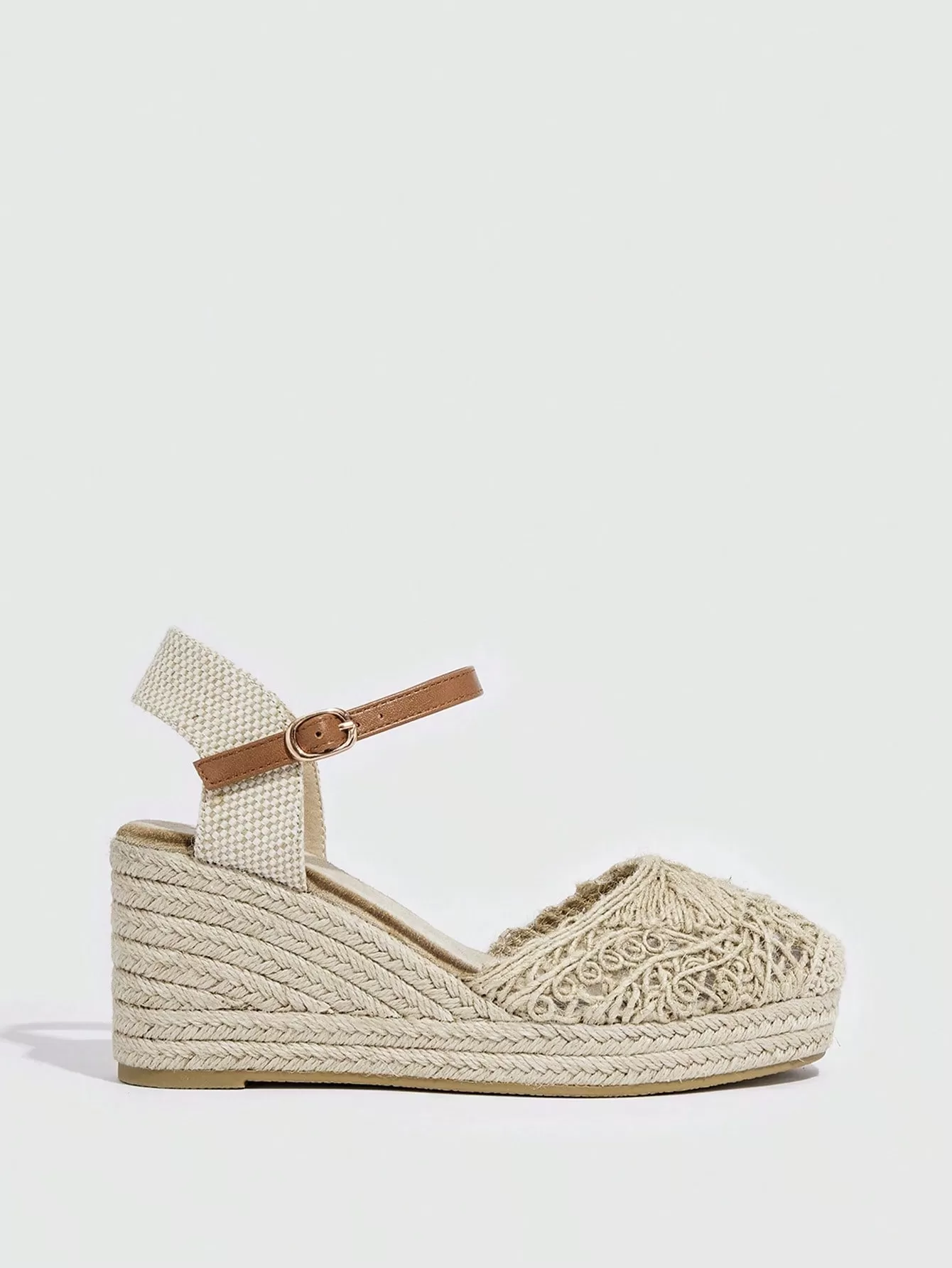 Vacation Ankle Strap Court Wedges For Women, Knit Detail Espadrille Wedge Shoes