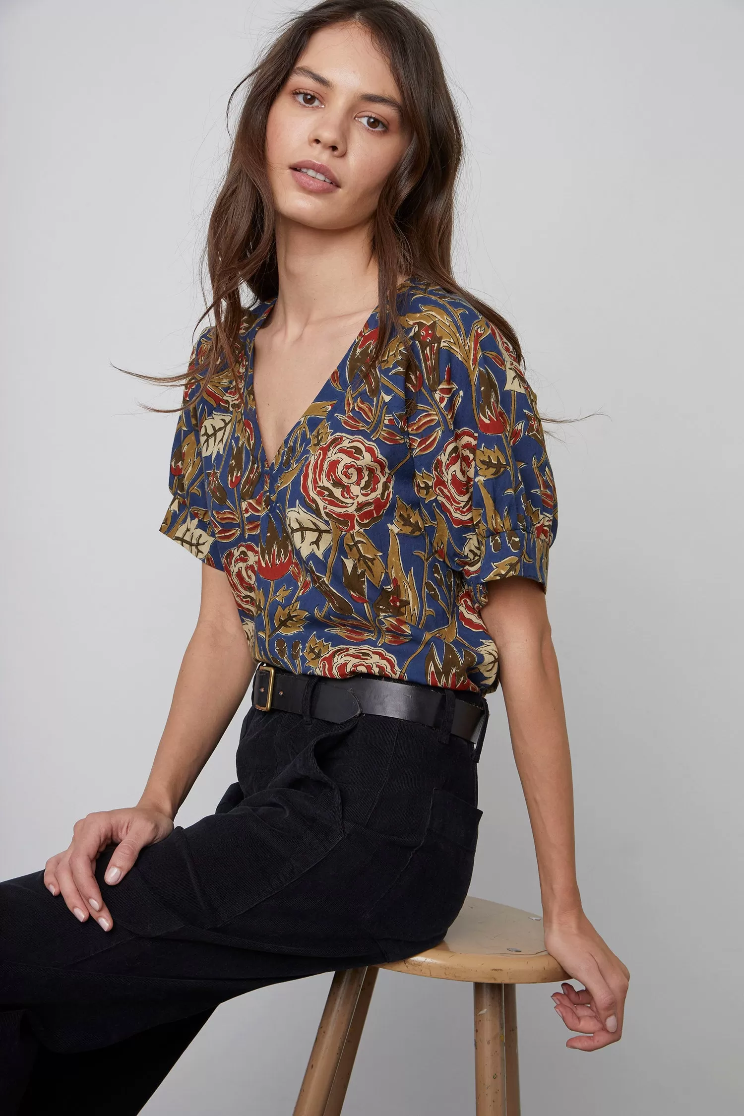 Velvet Women's Printed Cotton Short Sleeve Top - FLOWER