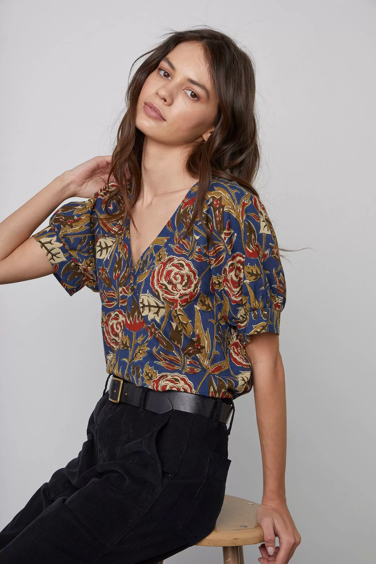 Velvet Women's Printed Cotton Short Sleeve Top - FLOWER