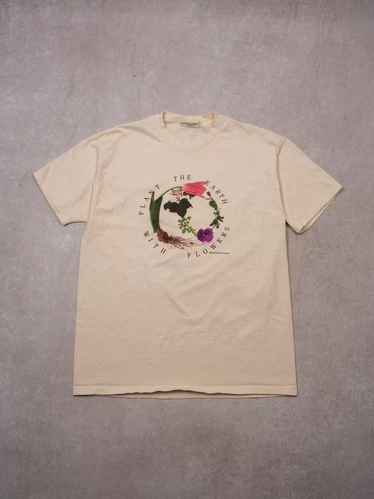 Vintage '95 Cream Plant The Earth With Flowers Single Stitch Tee (M/L)